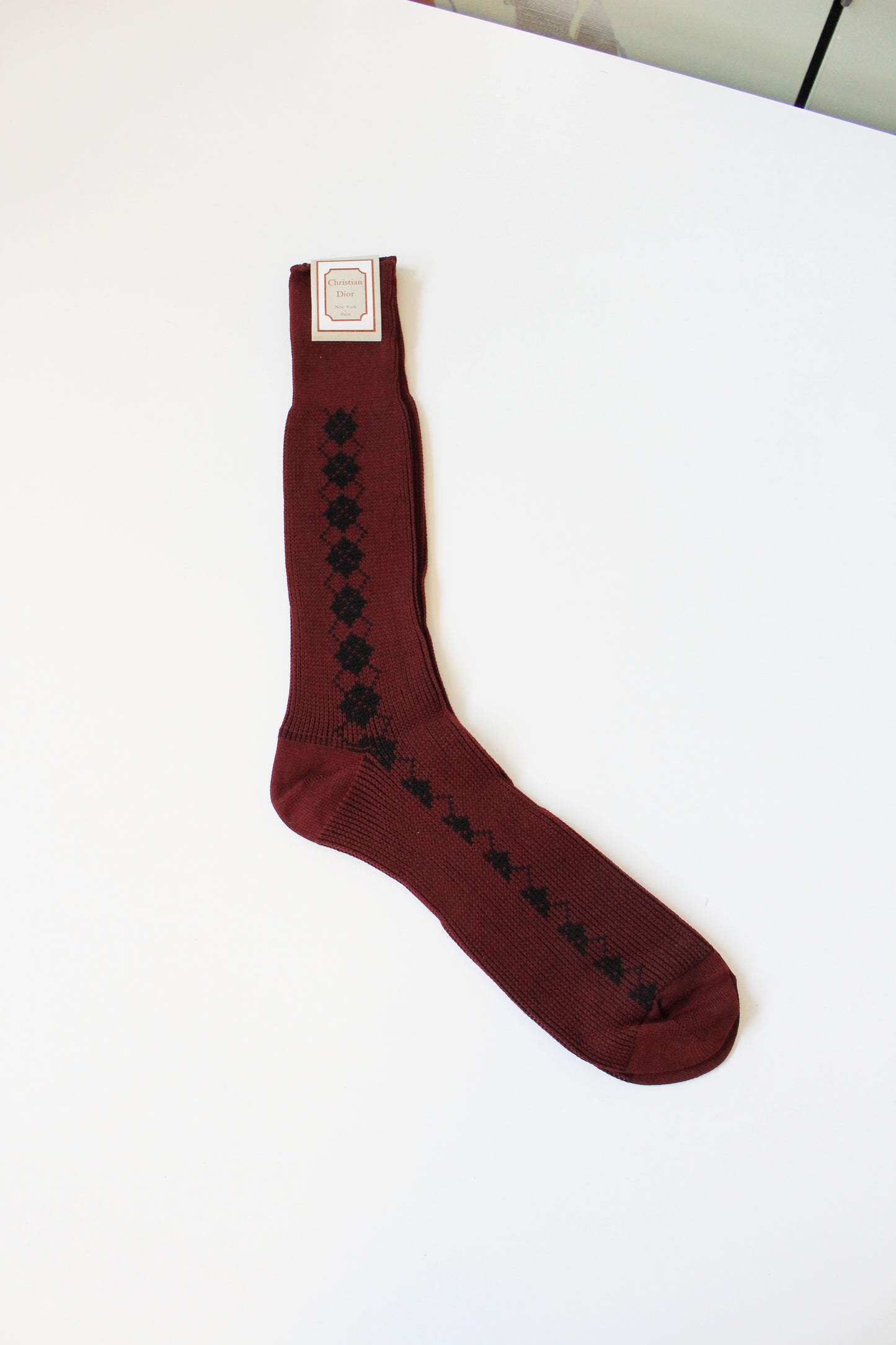 80s/90s Deadstock Christian Dior Maroon Argyle Nylon Socks, Size 10-13, Multiples