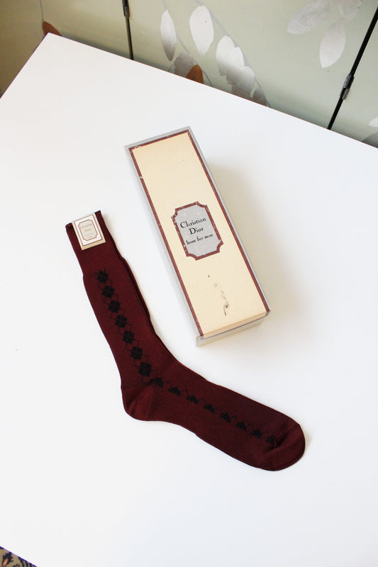 80s/90s Deadstock Christian Dior Maroon Argyle Nylon Socks, Size 10-13, Multiples