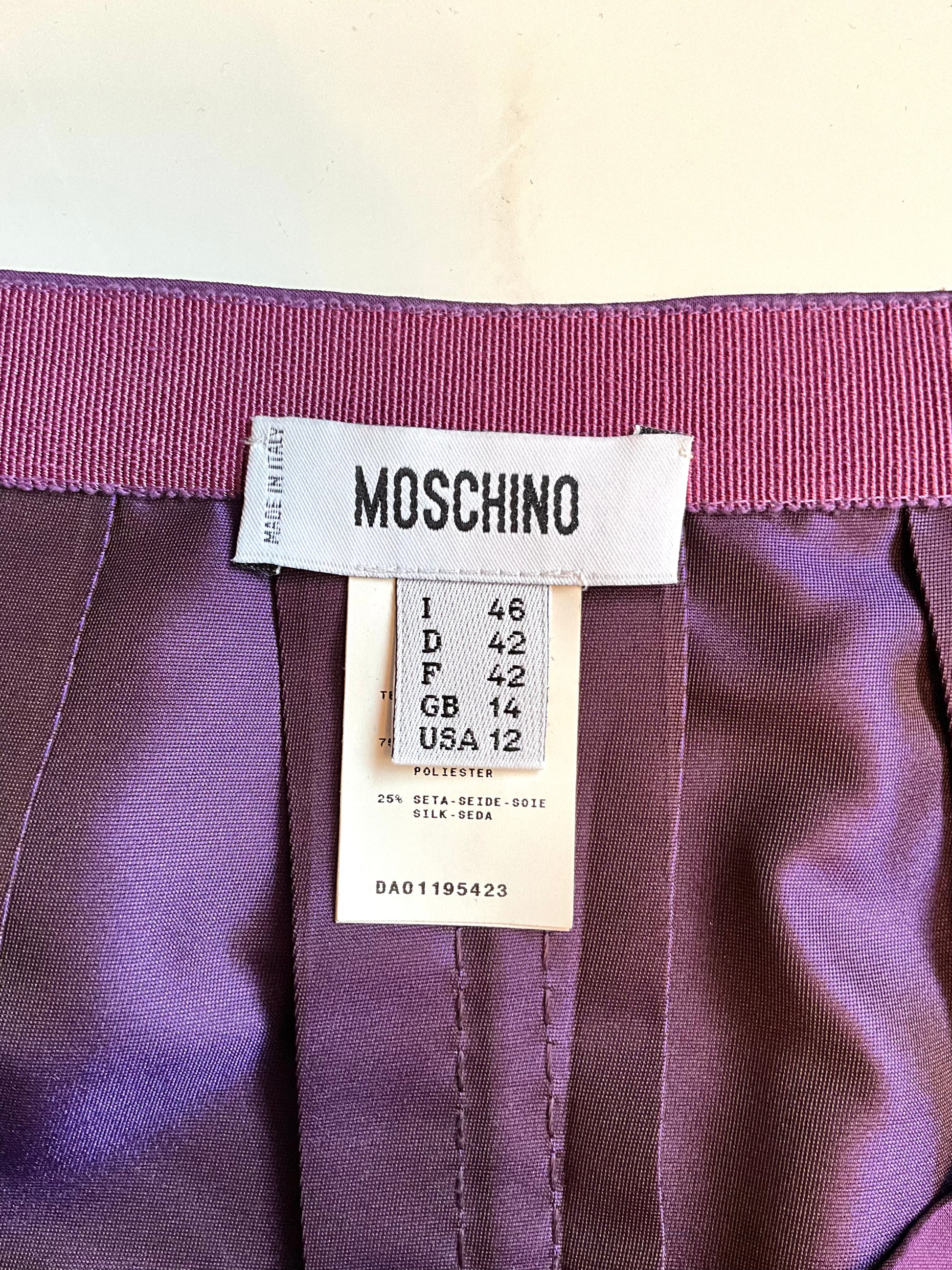 2010s Moschino Purple Silk Taffeta Box Pleated Skirt, W32