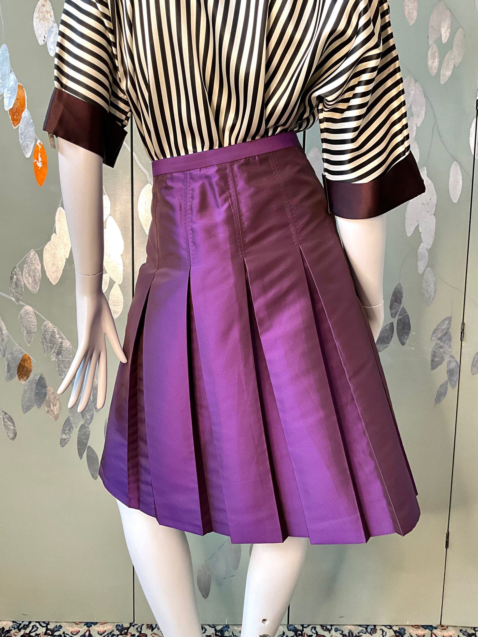 2010s Moschino Purple Silk Taffeta Box Pleated Skirt, W32