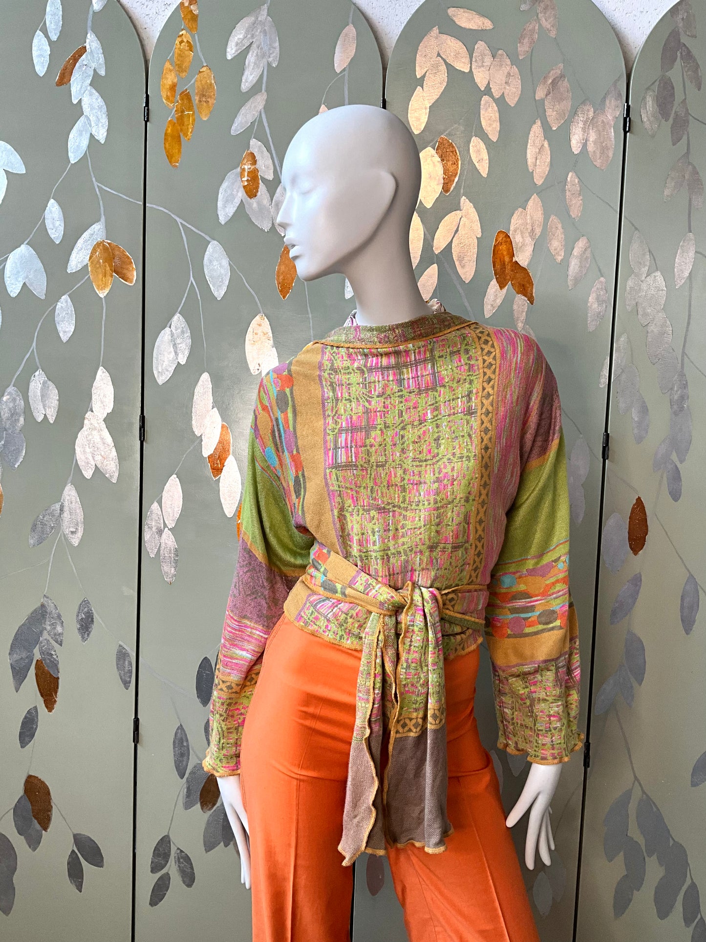 Vintage 2000s Multicolour Patterned Wide Sleeve Wrap Cardigan with Waist Ties