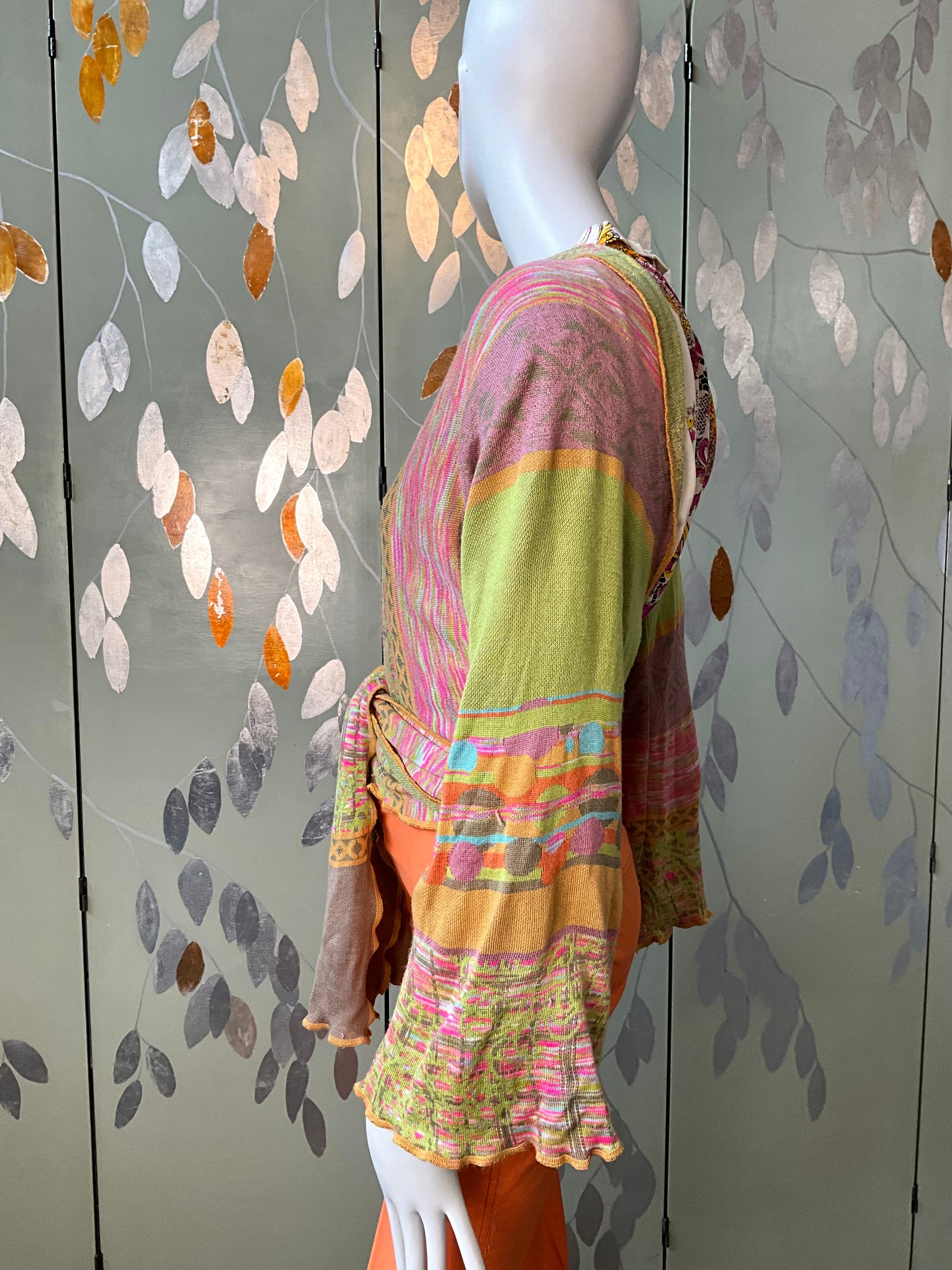 Vintage 2000s Multicolour Patterned Wide Sleeve Wrap Cardigan with Waist Ties