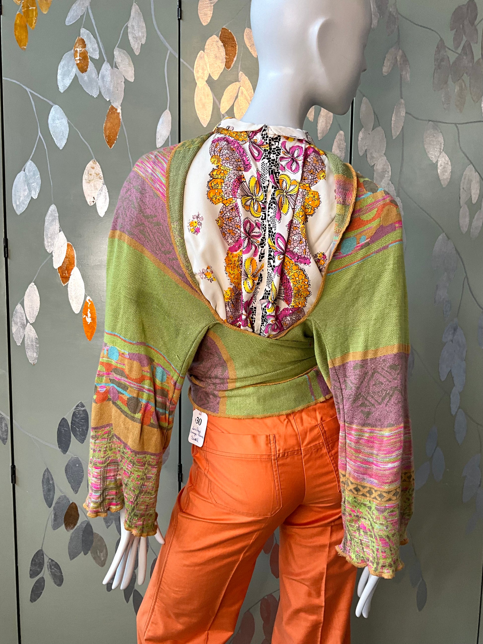 Vintage 2000s Multicolour Patterned Wide Sleeve Wrap Cardigan with Waist Ties