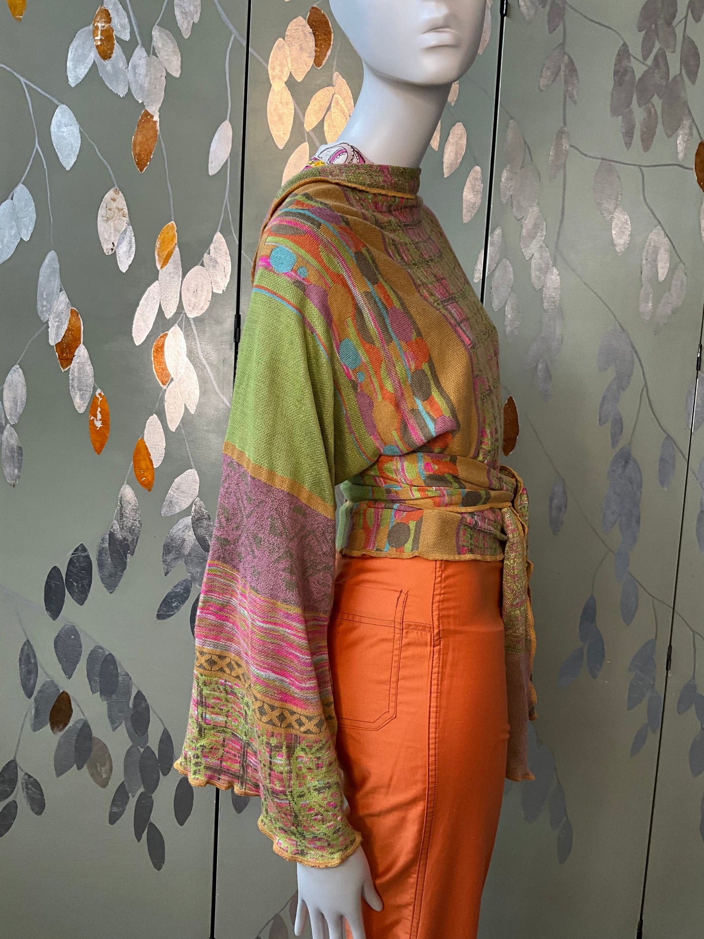 Vintage 2000s Multicolour Patterned Wide Sleeve Wrap Cardigan with Waist Ties