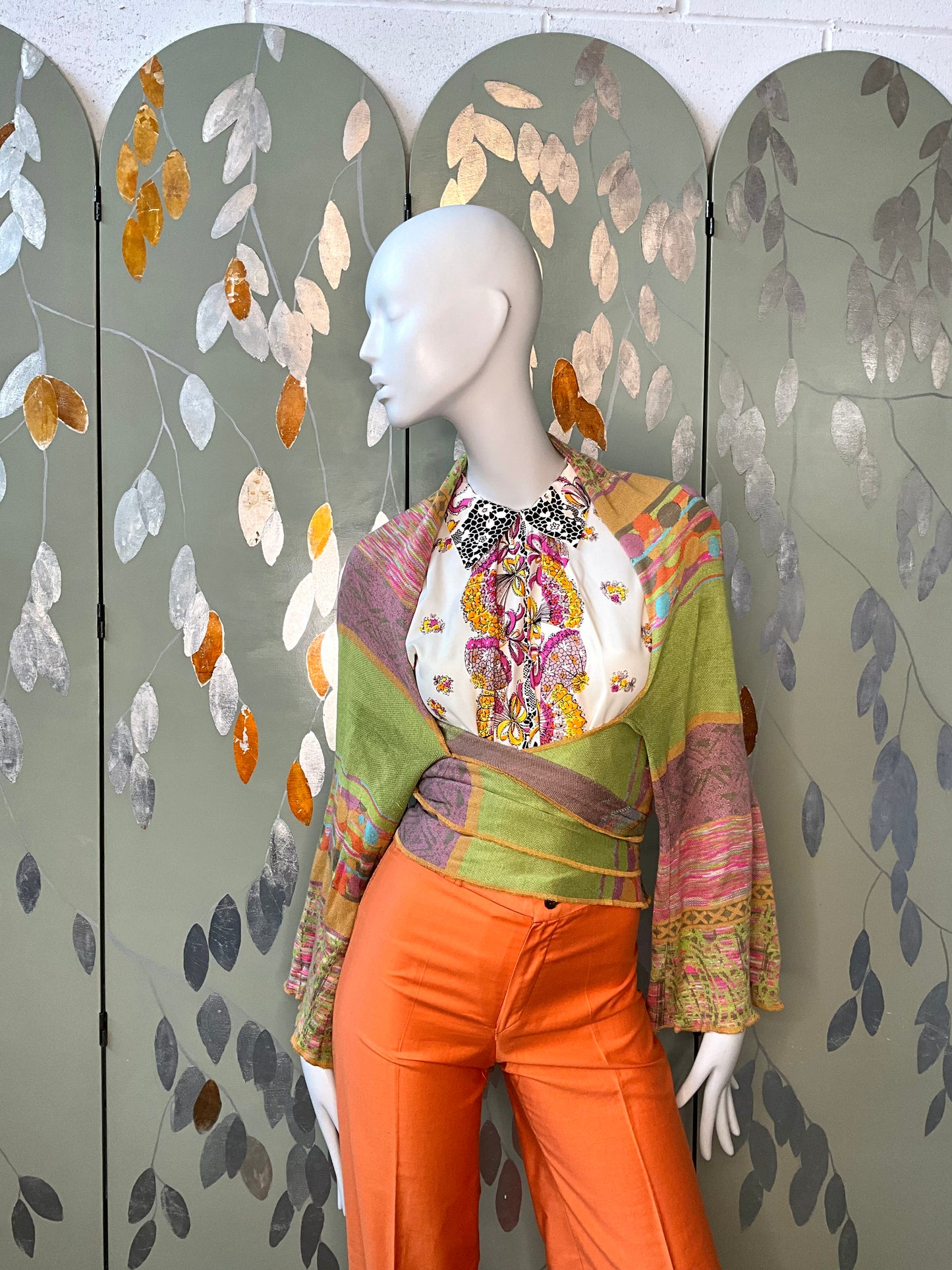 Vintage 2000s Multicolour Patterned Wide Sleeve Wrap Cardigan with Waist Ties