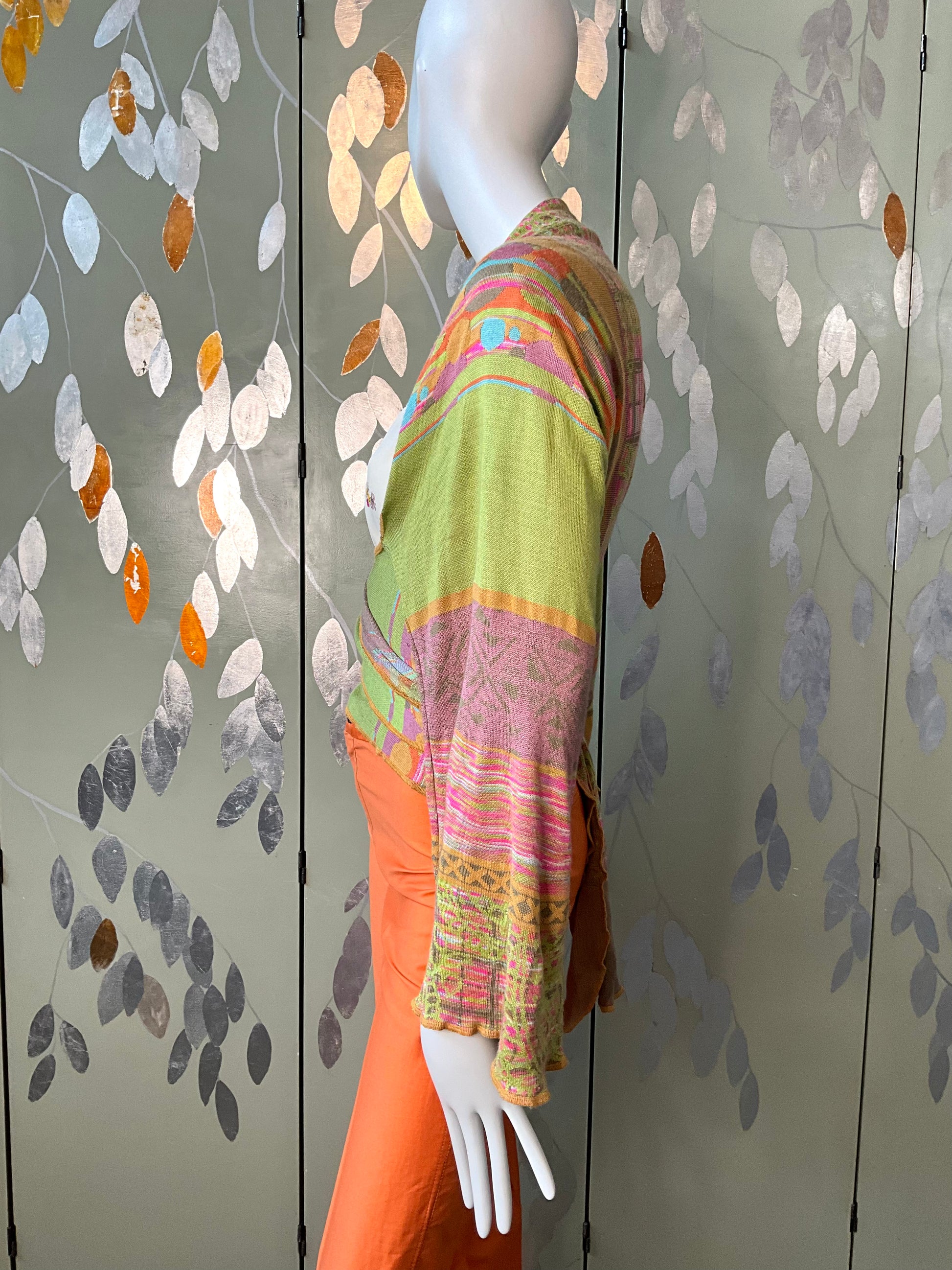 Vintage 2000s Multicolour Patterned Wide Sleeve Wrap Cardigan with Waist Ties