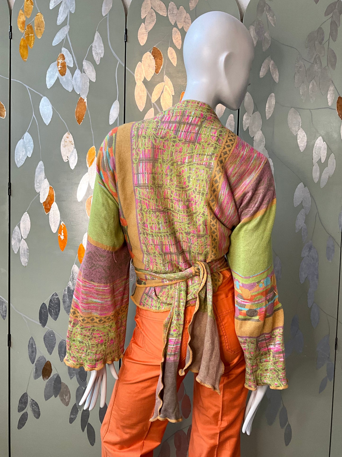 Vintage 2000s Multicolour Patterned Wide Sleeve Wrap Cardigan with Waist Ties