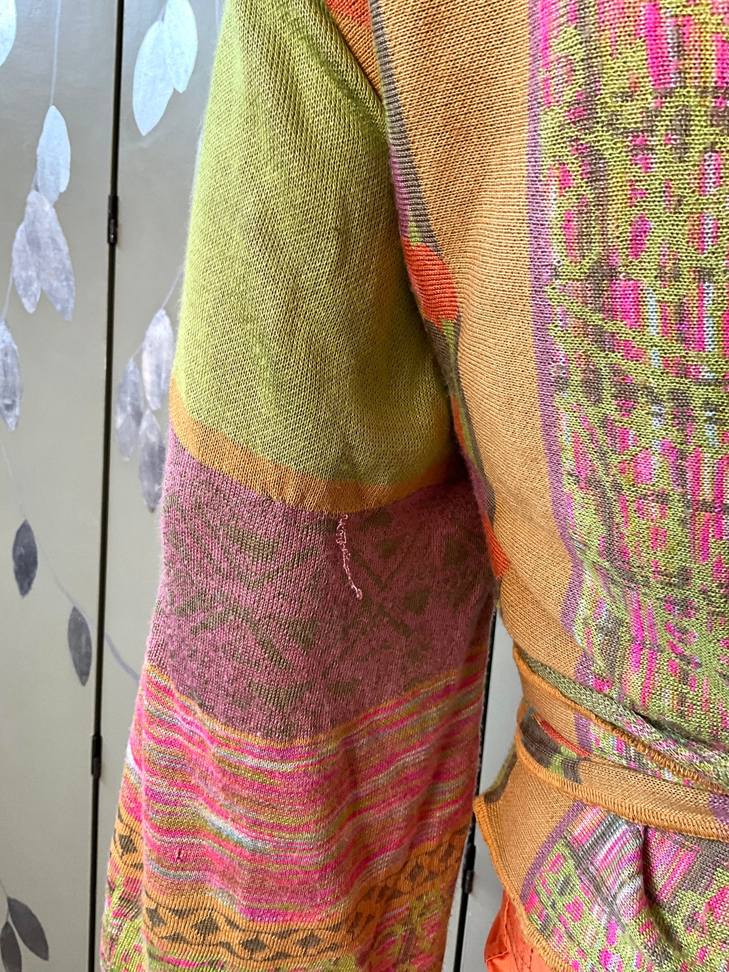 Vintage 2000s Multicolour Patterned Wide Sleeve Wrap Cardigan with Waist Ties