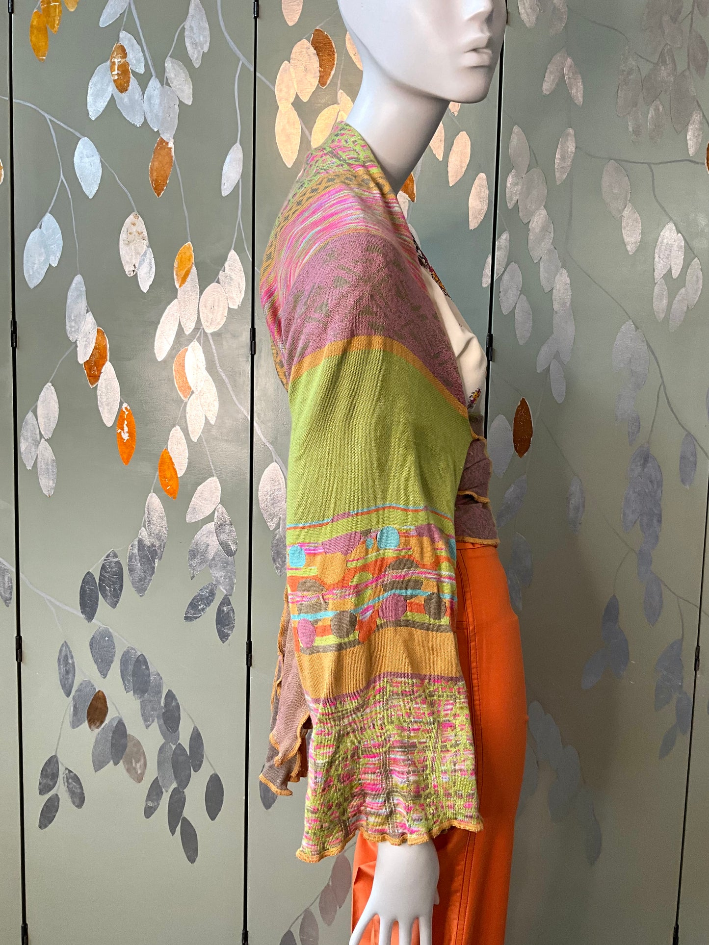 Vintage 2000s Multicolour Patterned Wide Sleeve Wrap Cardigan with Waist Ties