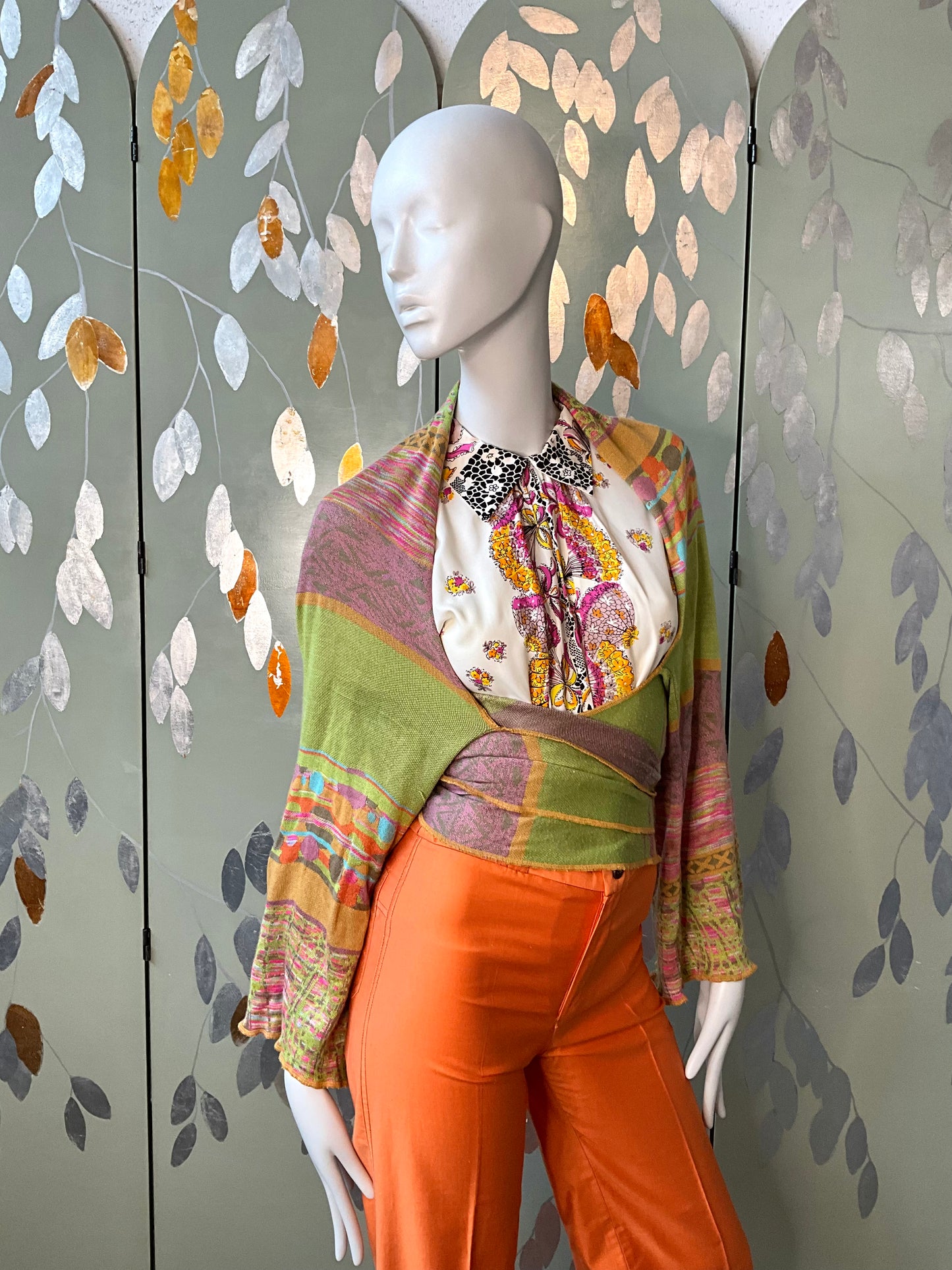 Vintage 2000s Multicolour Patterned Wide Sleeve Wrap Cardigan with Waist Ties