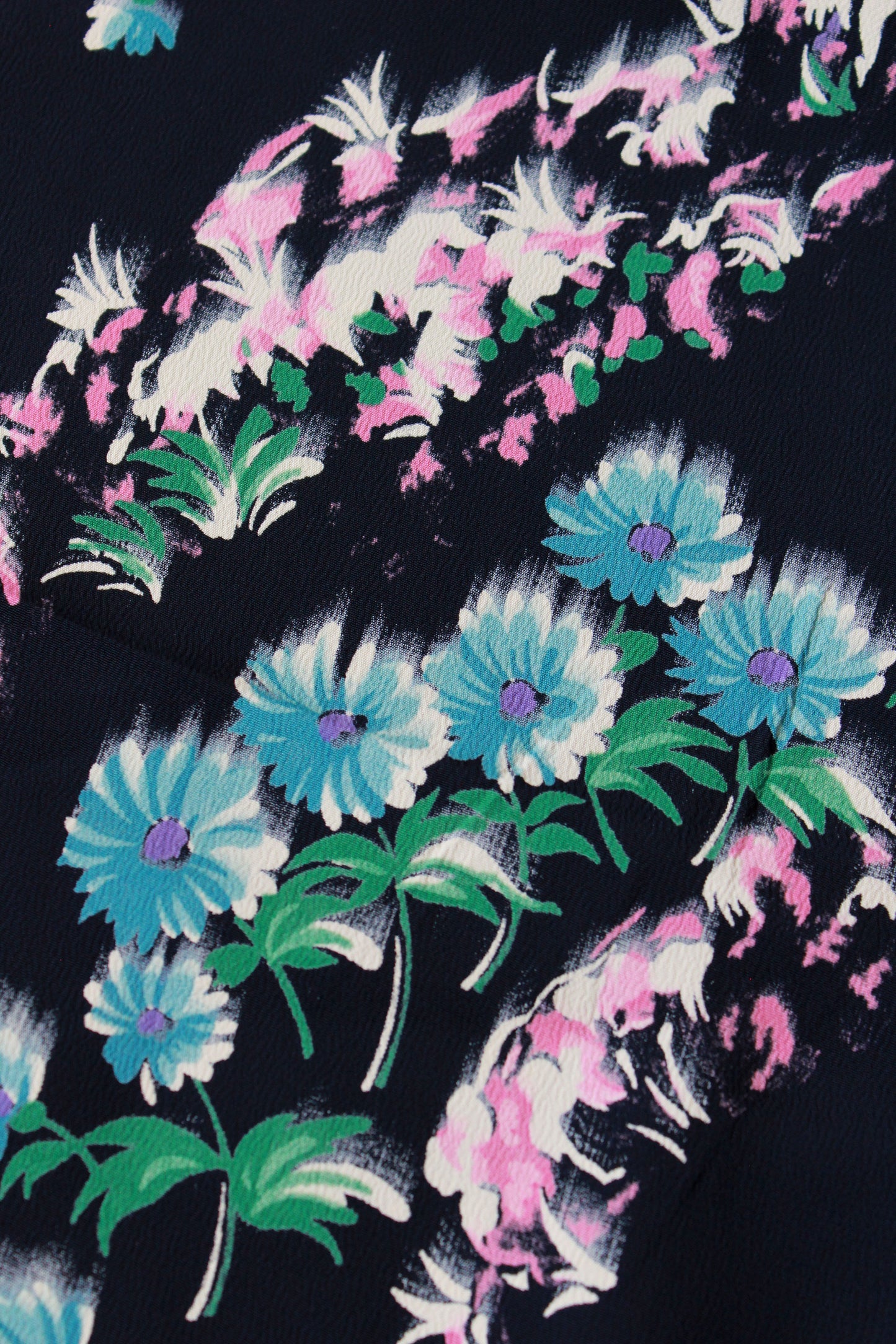 Vintage 1940s Navy Blue Rayon With Pastel Painted Like Flowers, 3.4 Yards