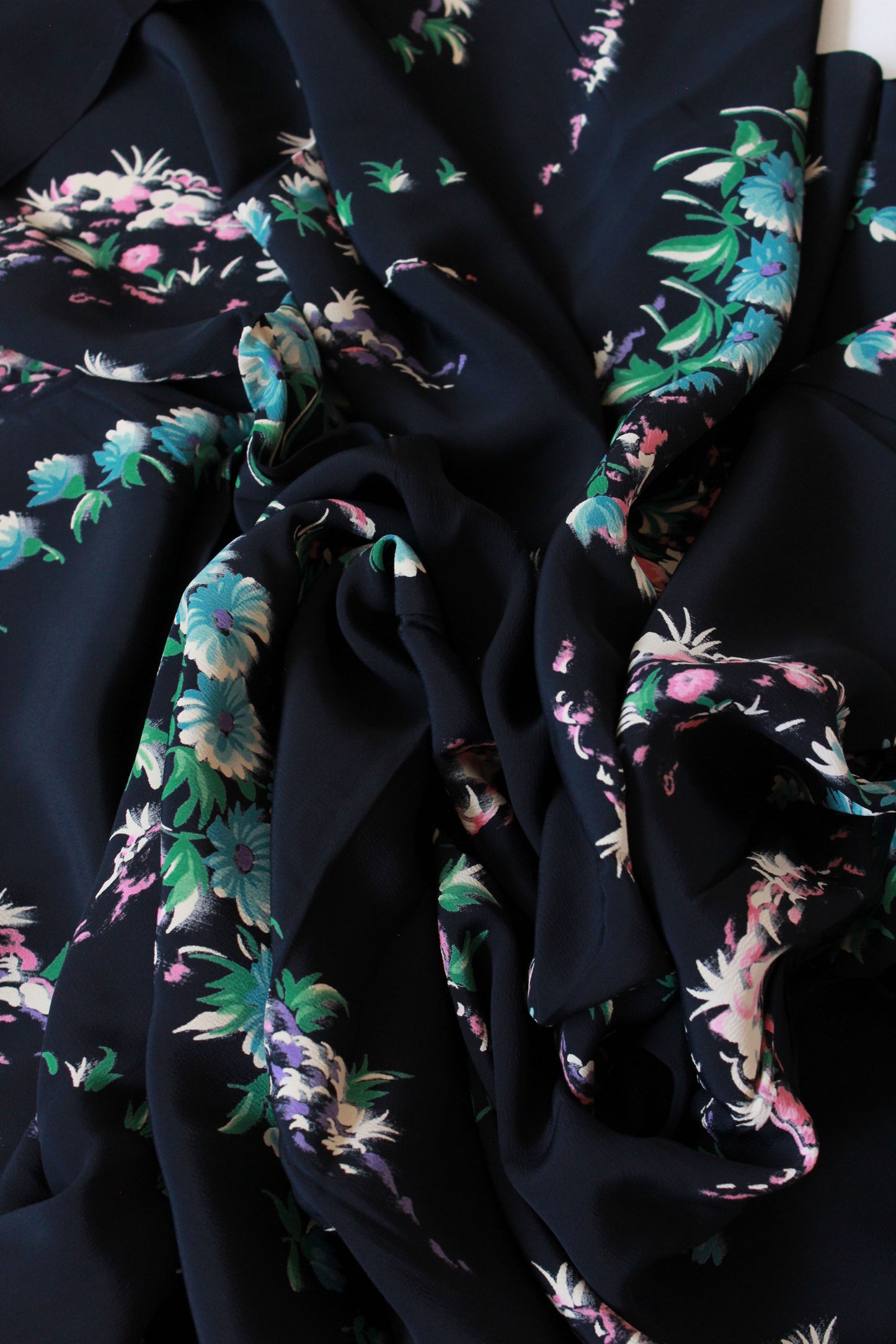 Vintage 1940s Navy Blue Rayon With Pastel Painted Like Flowers, 3.4 Yards