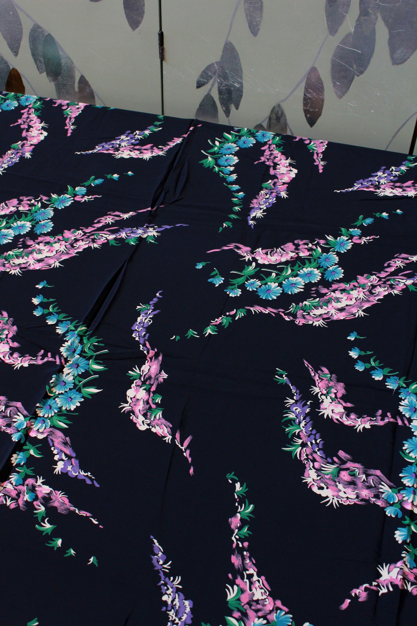 Vintage 1940s Navy Blue Rayon With Pastel Painted Like Flowers, 3.4 Yards