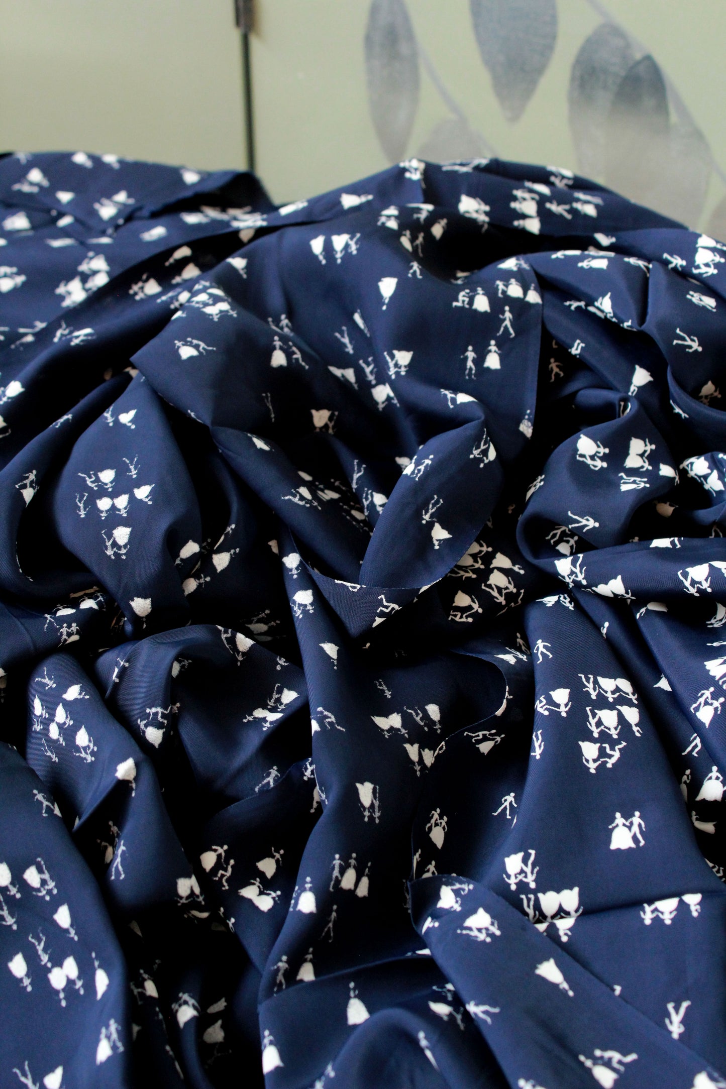 Vintage 1940s Rayon Sewing Fabric In Navy Blue With People Mingling, 5.1 Yards