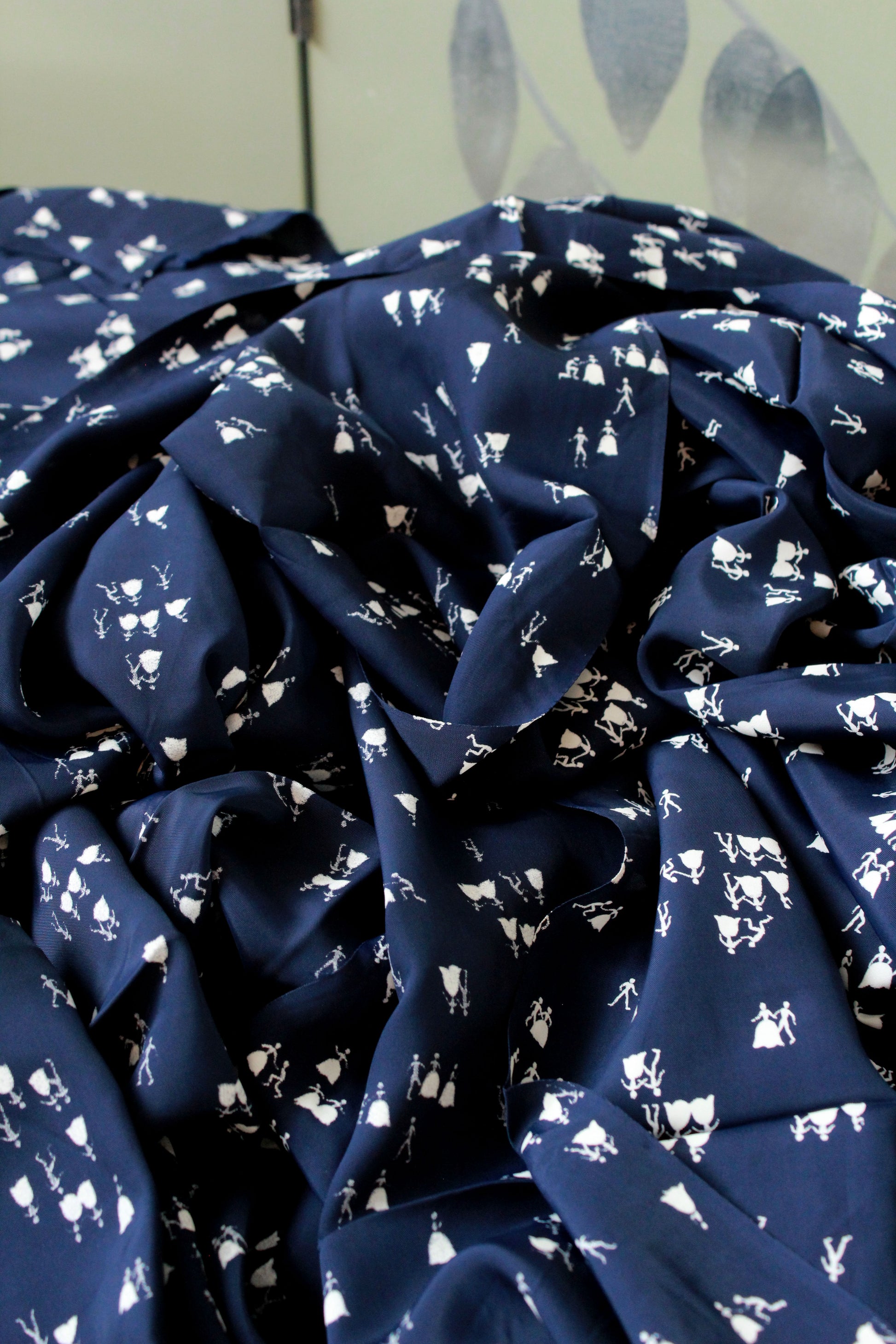 Vintage 1940s Rayon Sewing Fabric In Navy Blue With People Mingling, 5.1 Yards