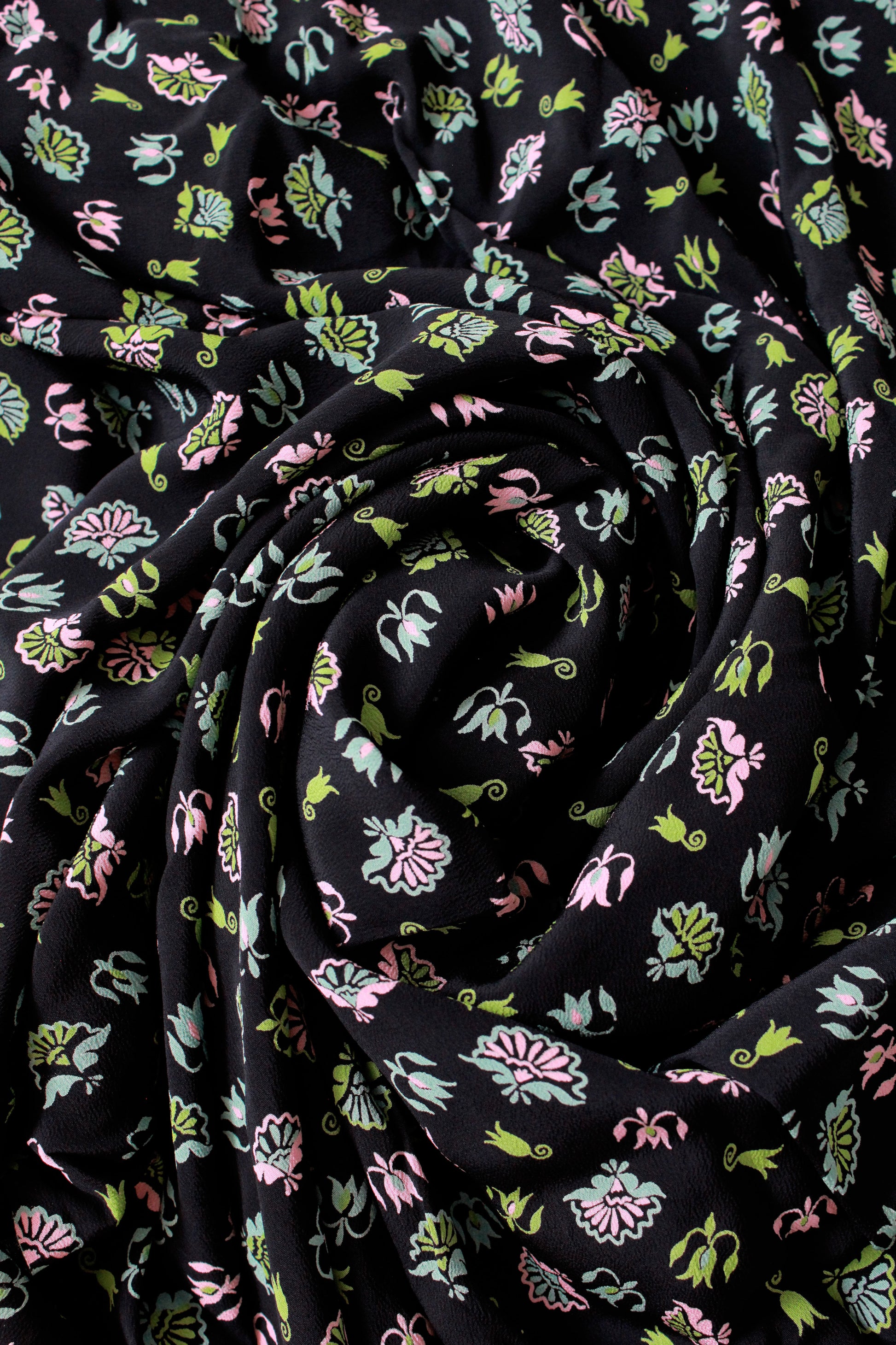 Vintage 1940s Rayon Dark Navy Fabric With Pastel Water lilies, 4.25 Yards