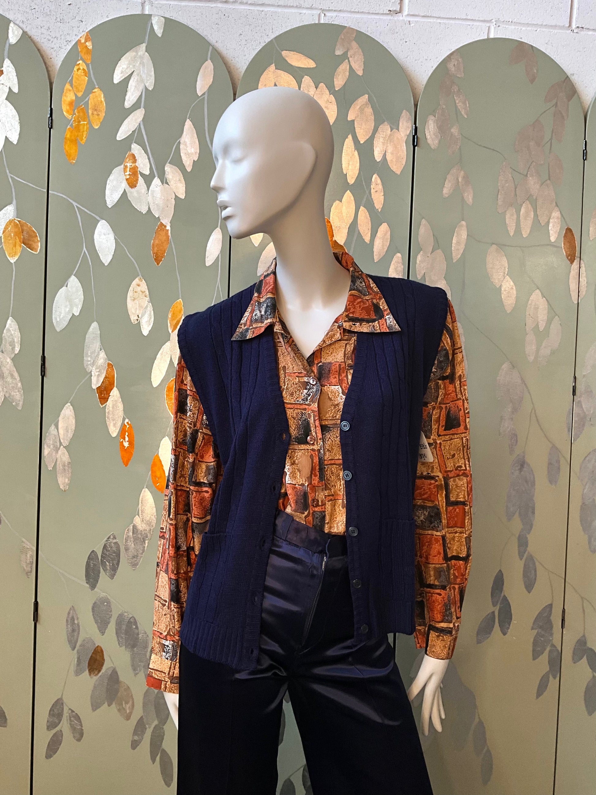 Vintage 1980s Deadstock Navy Blue Knit Waistcoat Sweater Vest Top, Large 