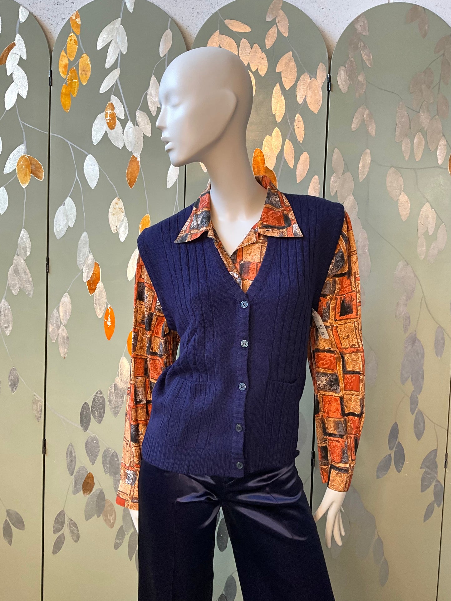 Vintage 1980s Deadstock Navy Blue Knit Waistcoat Sweater Vest Top, Large 