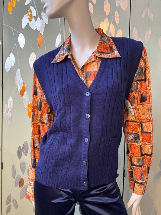 Vintage 1980s Deadstock Navy Blue Knit Waistcoat Sweater Vest Top, Large 