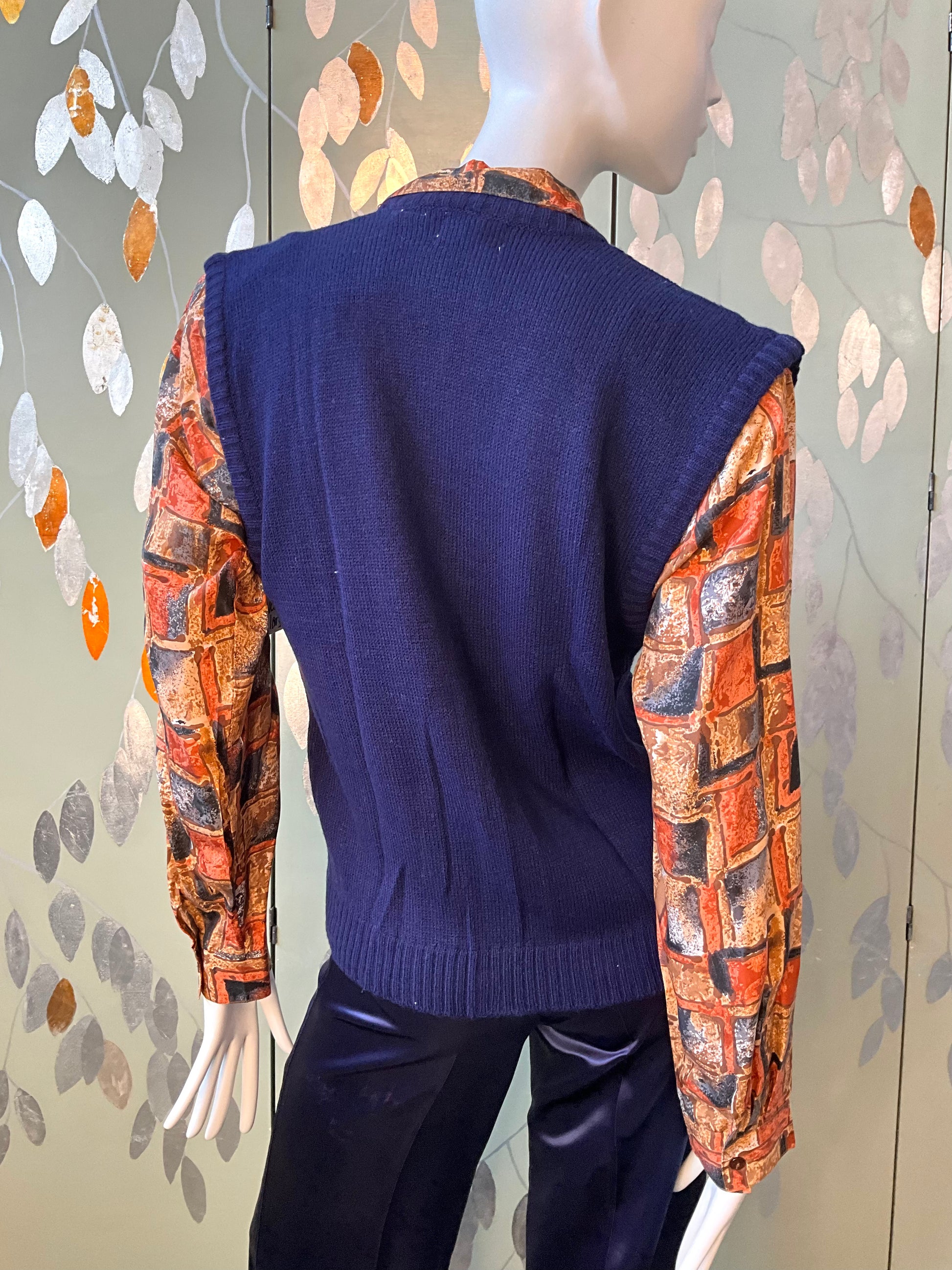 Vintage 1980s Deadstock Navy Blue Knit Waistcoat Sweater Vest Top, Large 