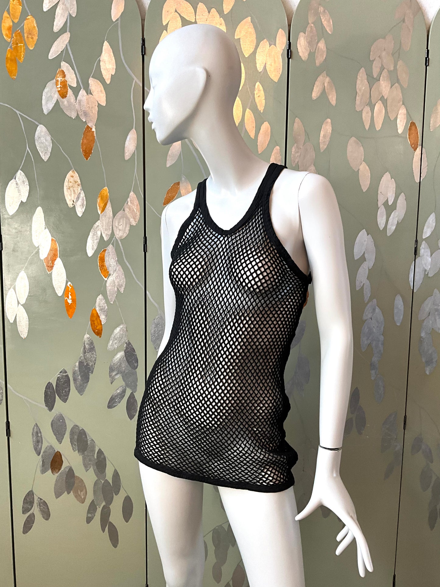 Vintage 1980s Black Cotton Net Long Tank Top, Unisex 