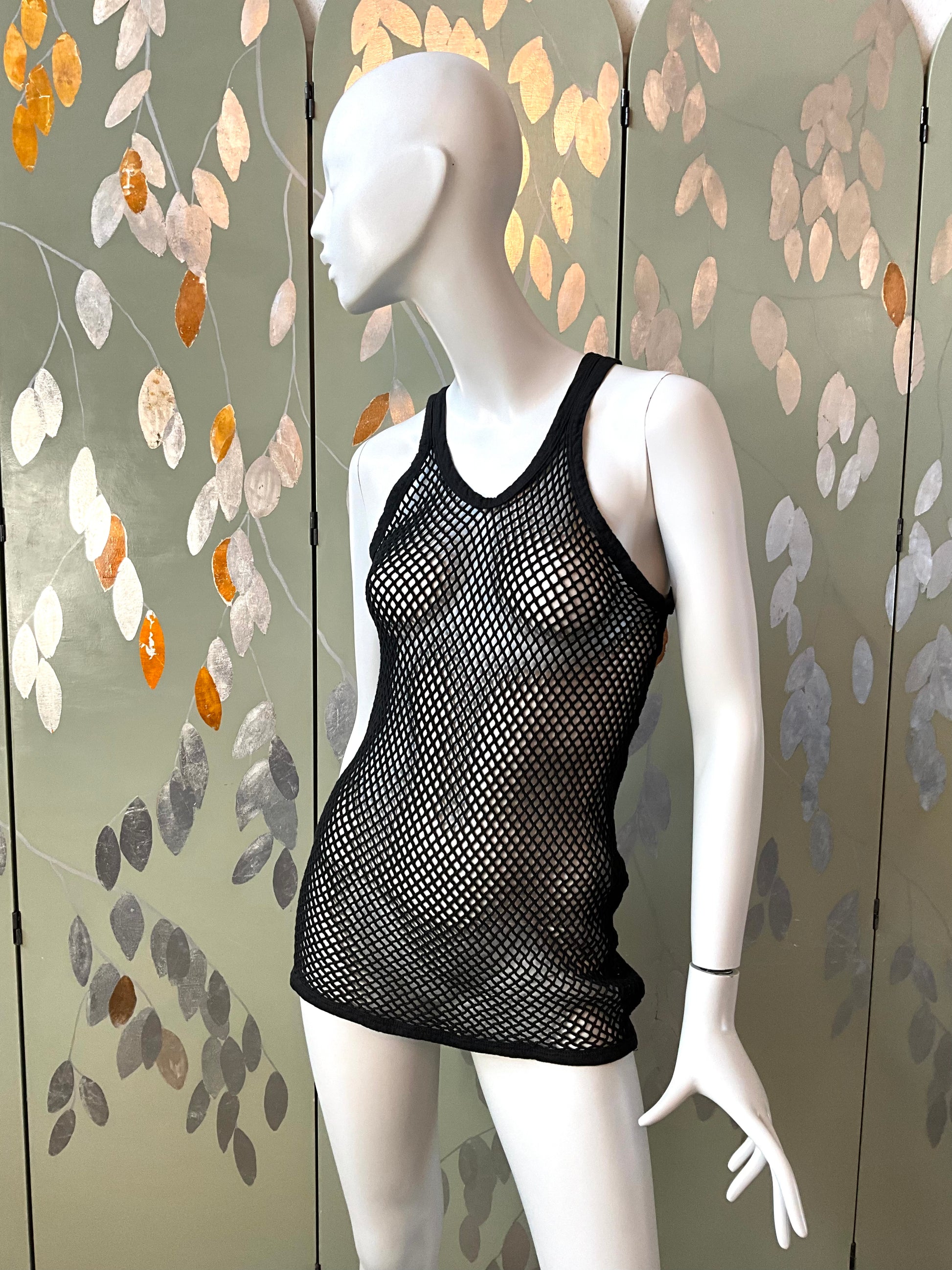 Vintage 1980s Black Cotton Net Long Tank Top, Unisex 