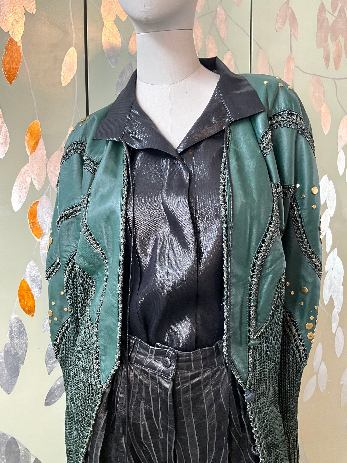 Vintage 1980s Norma Green Leather and Knit Jacket with Gold Studs, Medium