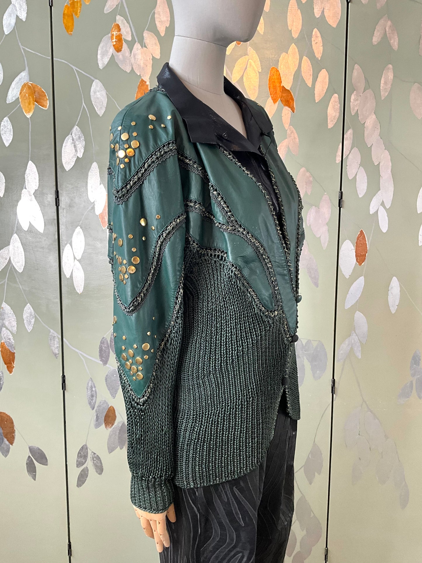 Vintage 1980s Norma Green Patchwork Leather and Knit Jacket with Gold Studs, Medium  