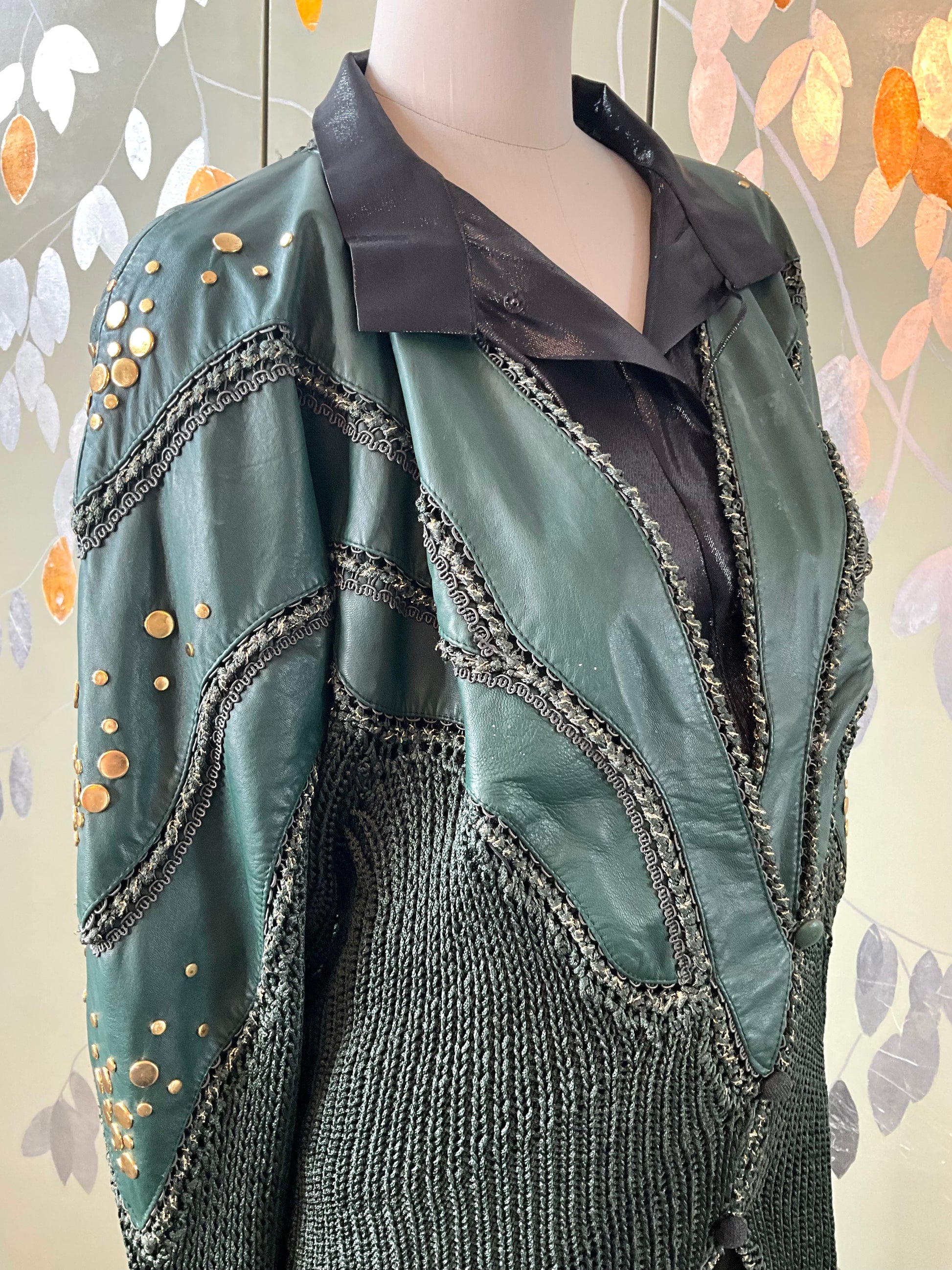 Vintage 1980s Norma Green Patchwork Leather and Knit Jacket with Gold Studs, Medium  