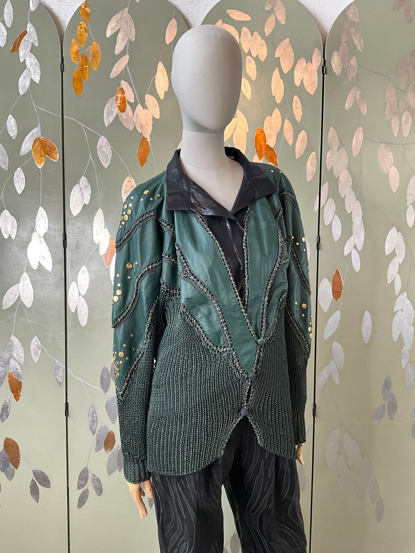 Vintage 1980s Norma Green Patchwork Leather and Knit Jacket with Gold Studs, Medium  