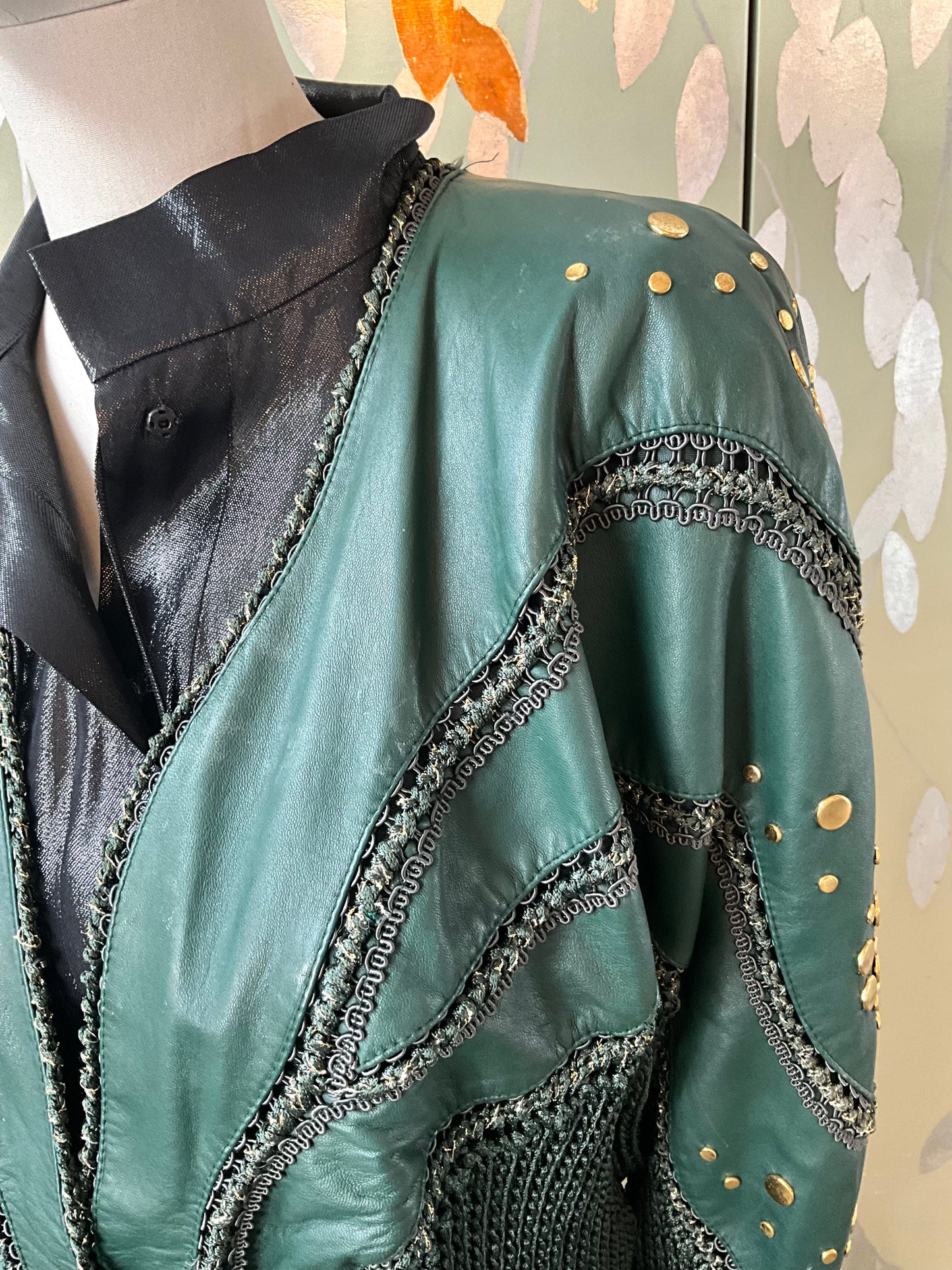 Vintage 1980s Norma Green Leather and Knit Jacket with Gold Studs, Medium