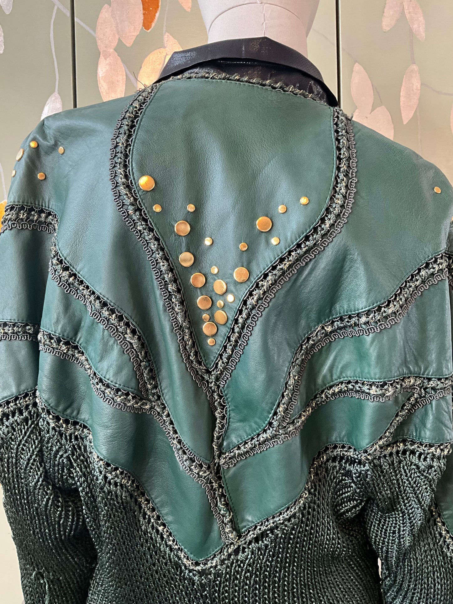 Vintage 1980s Norma Green Patchwork Leather and Knit Jacket with Gold Studs, Medium  