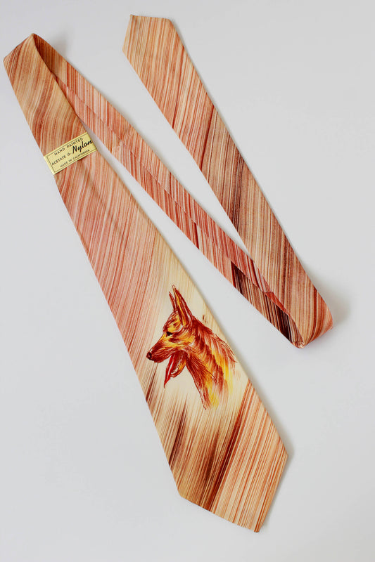 1940s hand painted dog necktie, deadstock original label, wide tongue vintage 40s swing tie 