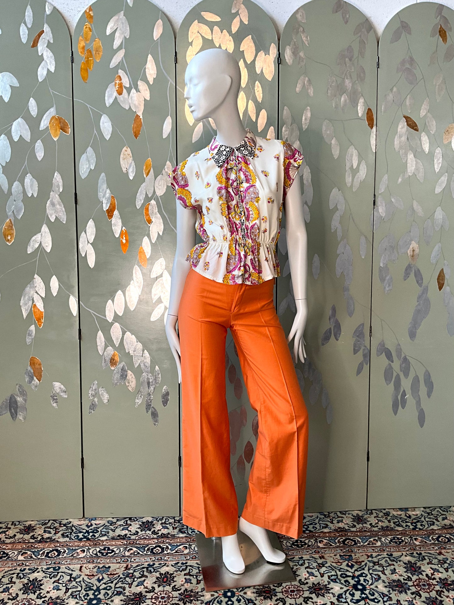 Vintage 1970s/80s Orange Polycotton Mid Rise Wide Leg Flared Pants, XS