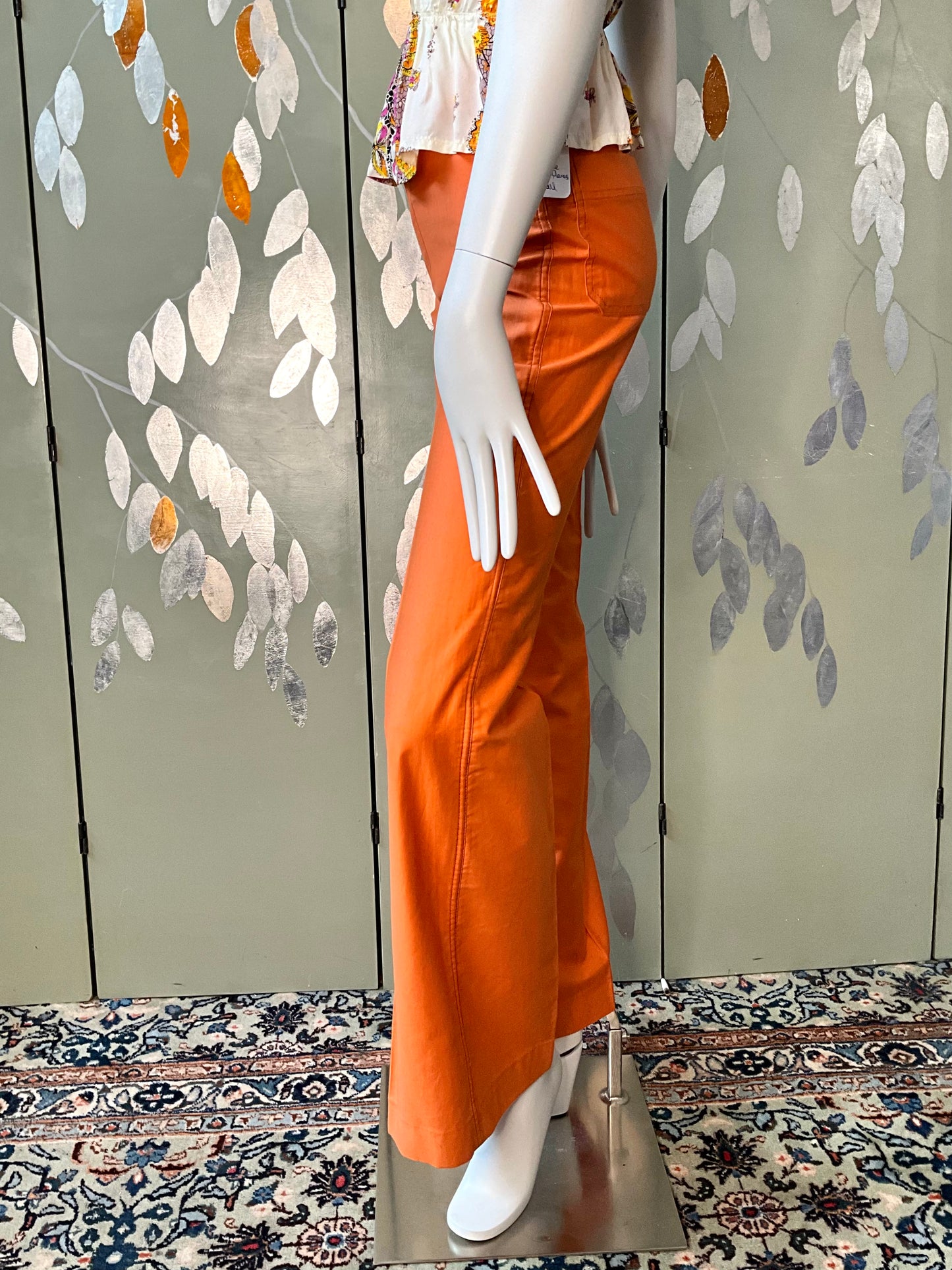 Vintage 1970s/80s Orange Polycotton Mid Rise Wide Leg Flared Pants, XS