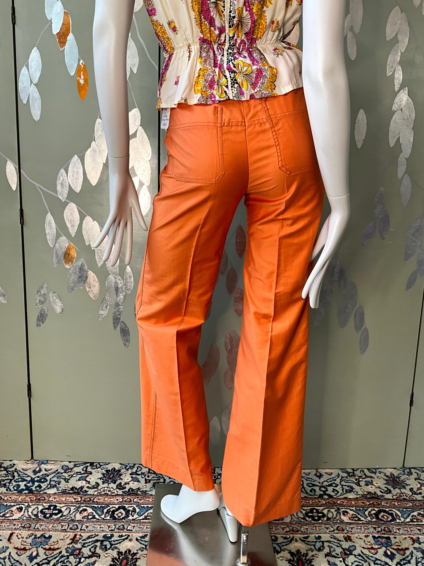 Vintage 1970s/80s Orange Polycotton Mid Rise Wide Leg Flared Pants, XS