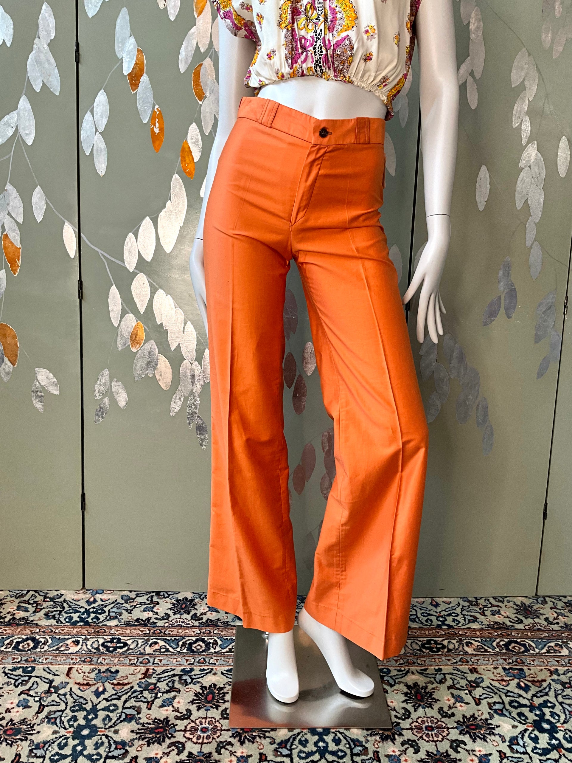 Vintage 1970s/80s Orange Polycotton Mid Rise Wide Leg Flared Pants