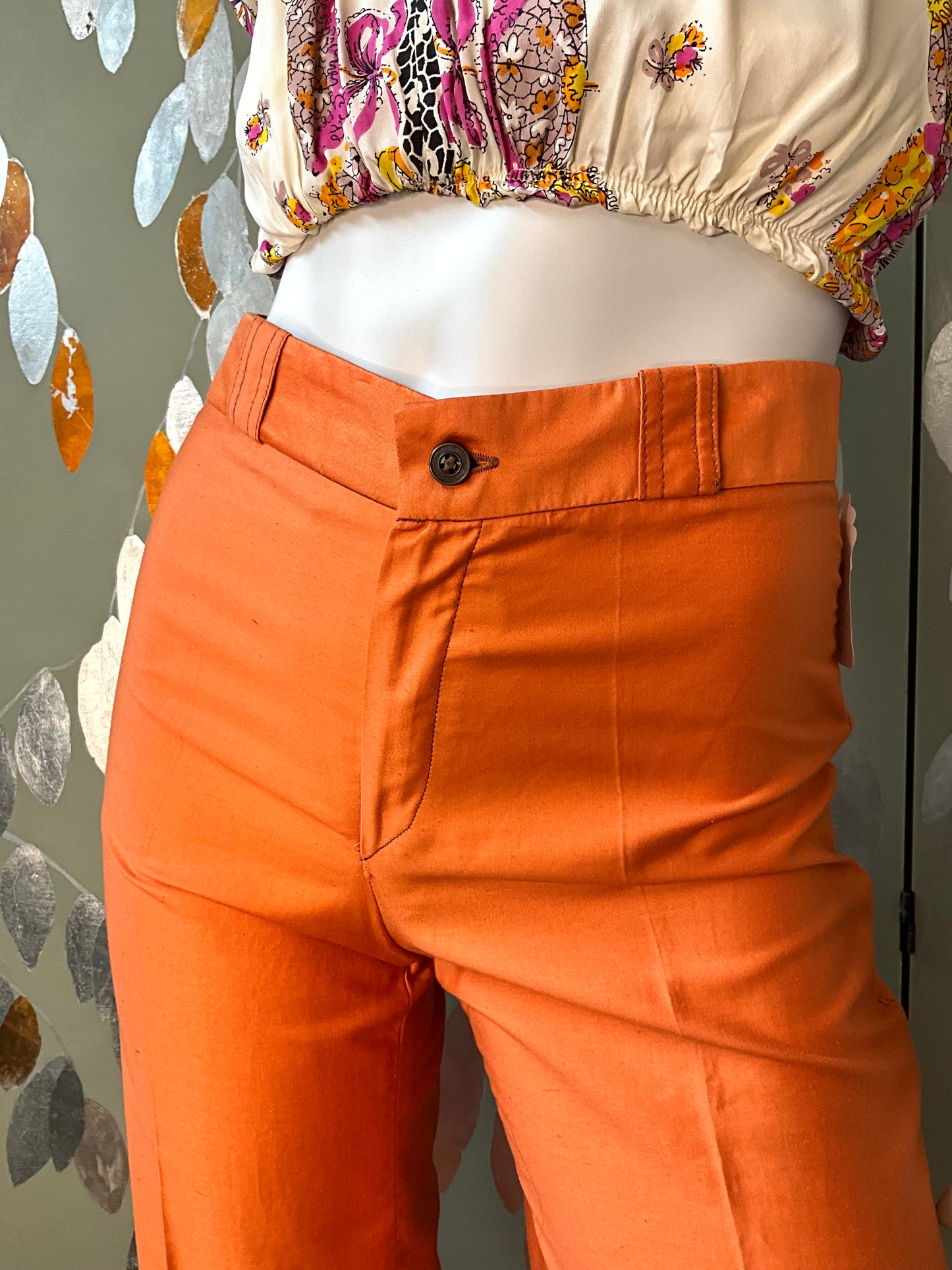 Vintage 1970s/80s Orange Polycotton Mid Rise Wide Leg Flared Pants, XS