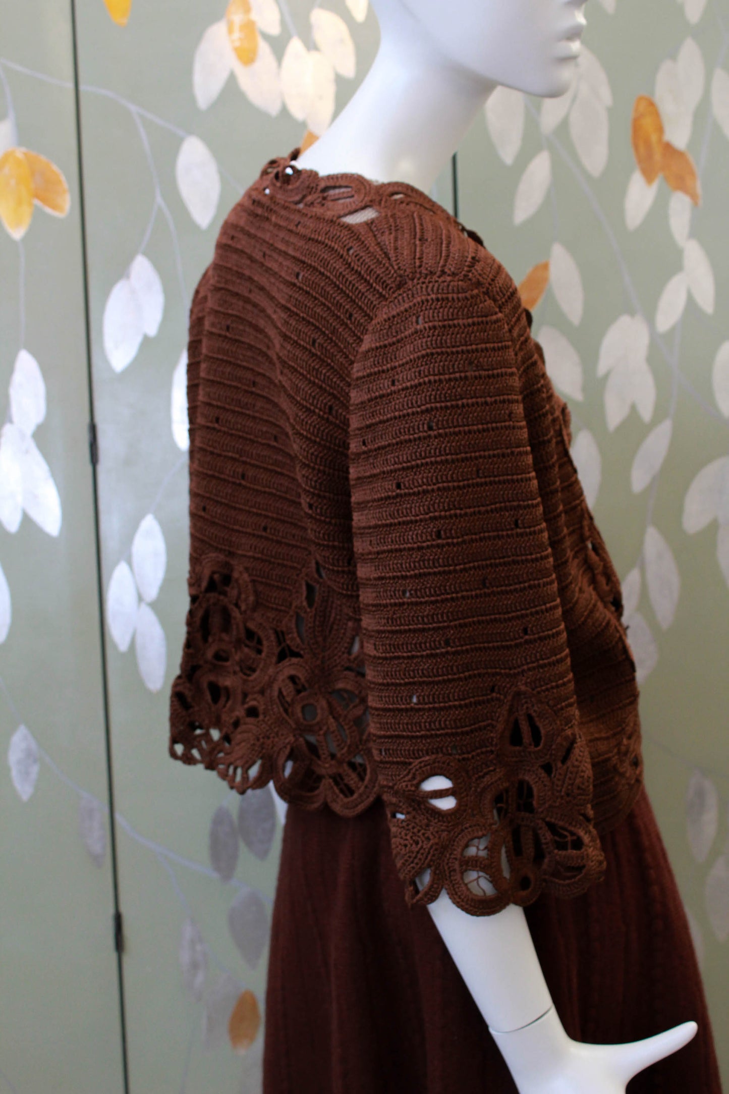 oscar de la renta brown silk knitted bolero cardigan with openwork embroidery down front and sleeve hems designer vintage