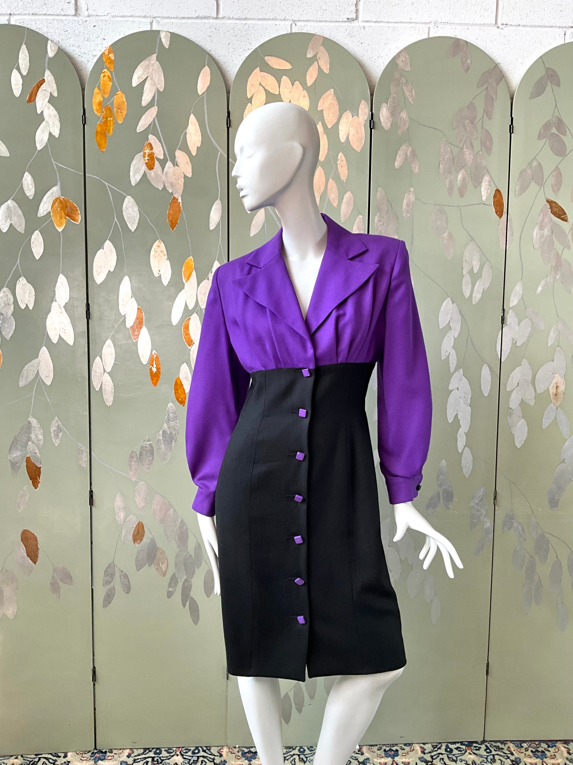 Vintage 1980s Patrick Kelly Purple Black Wool Dress, Medium 