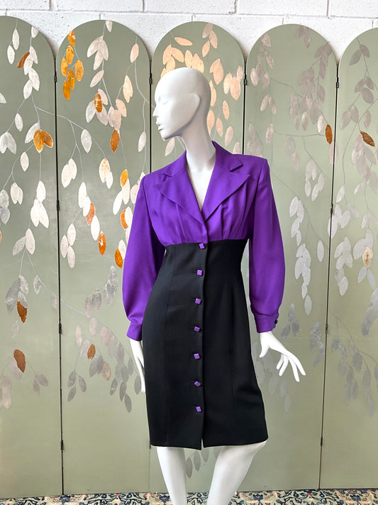 Vintage 1980s Patrick Kelly Purple Black Wool Dress, Medium 