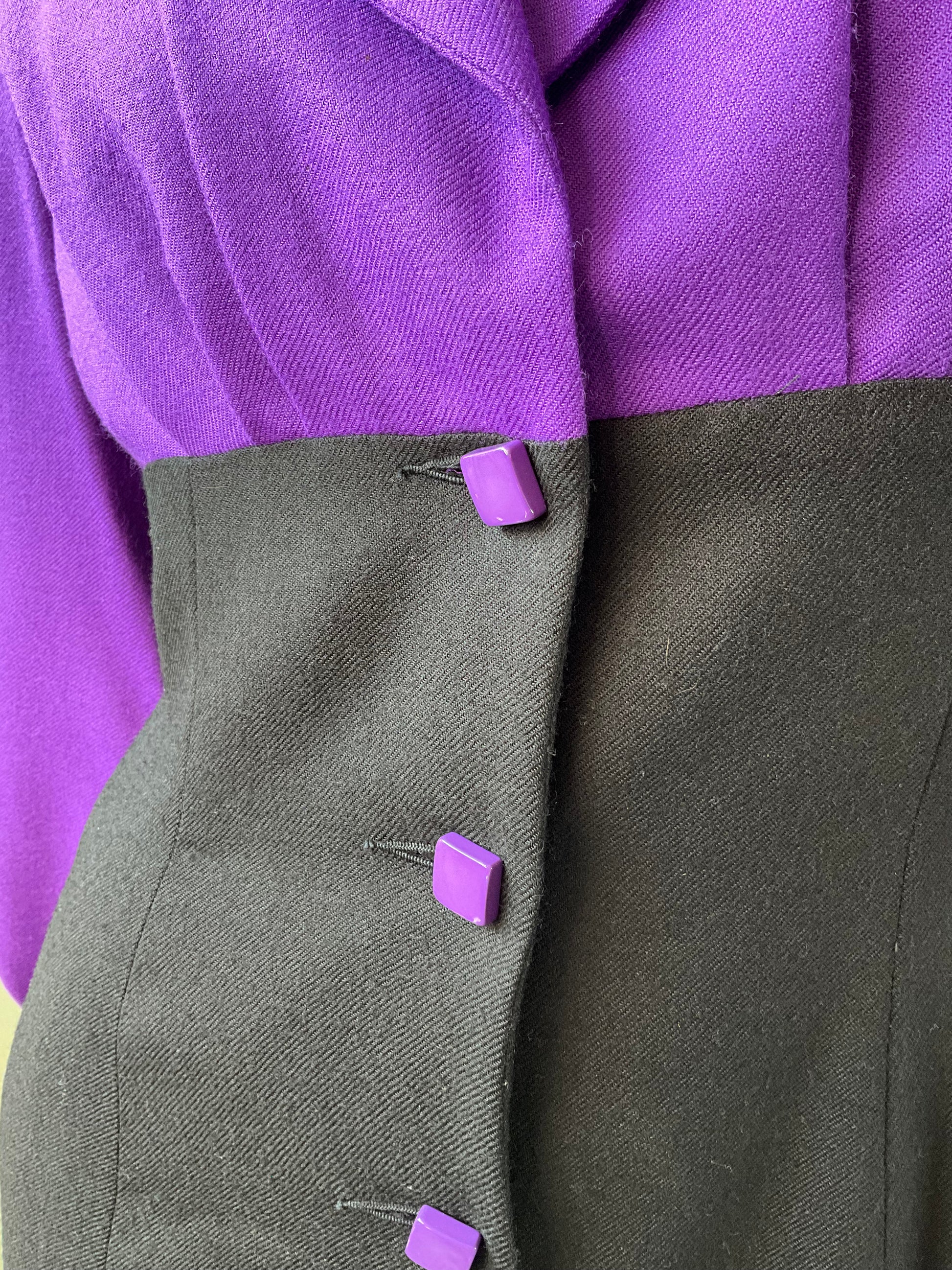 Vintage 1980s Patrick Kelly Purple Black Wool Dress, Medium 