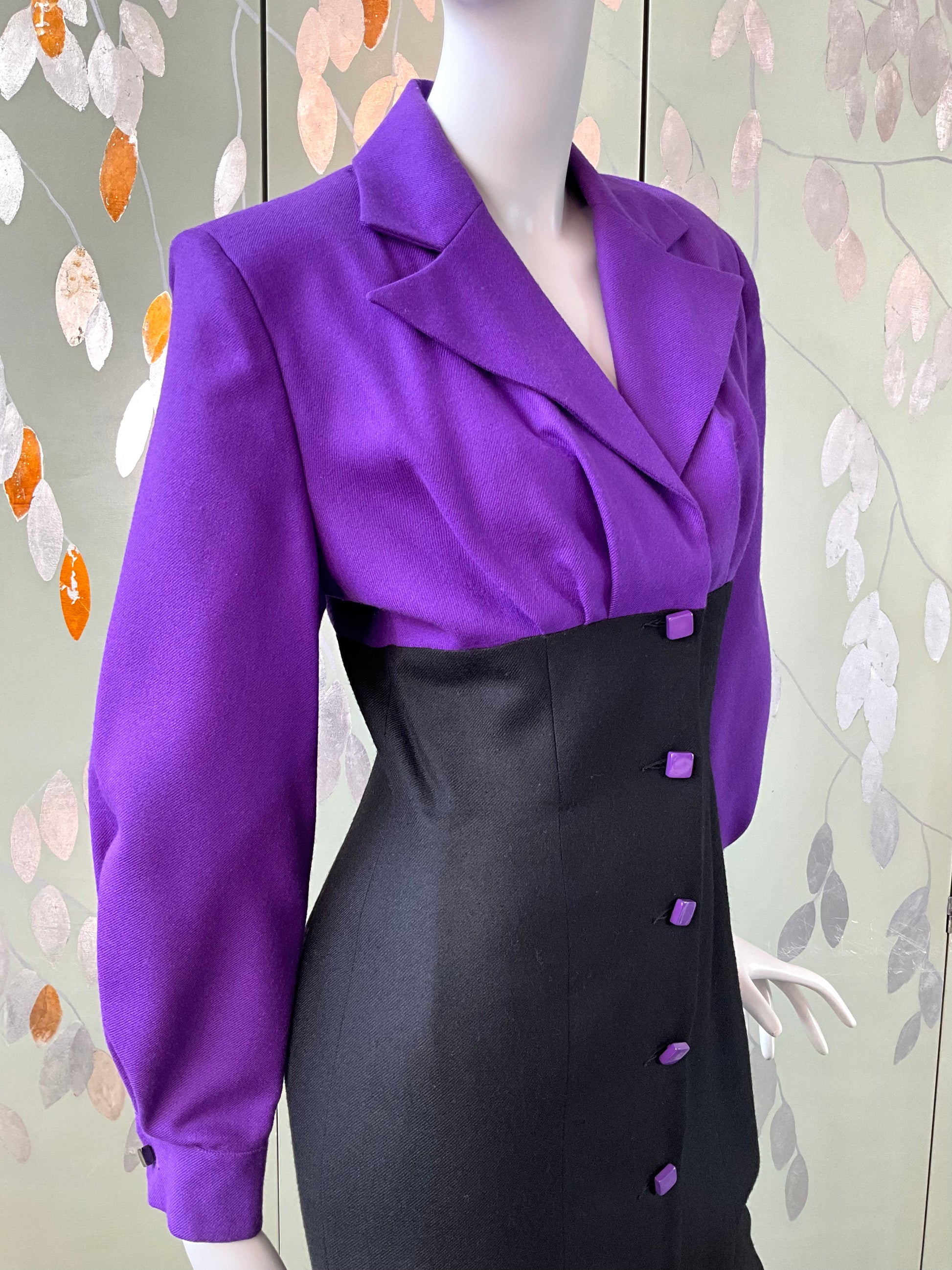 Vintage 1980s Patrick Kelly Purple Black Wool Dress, Medium 