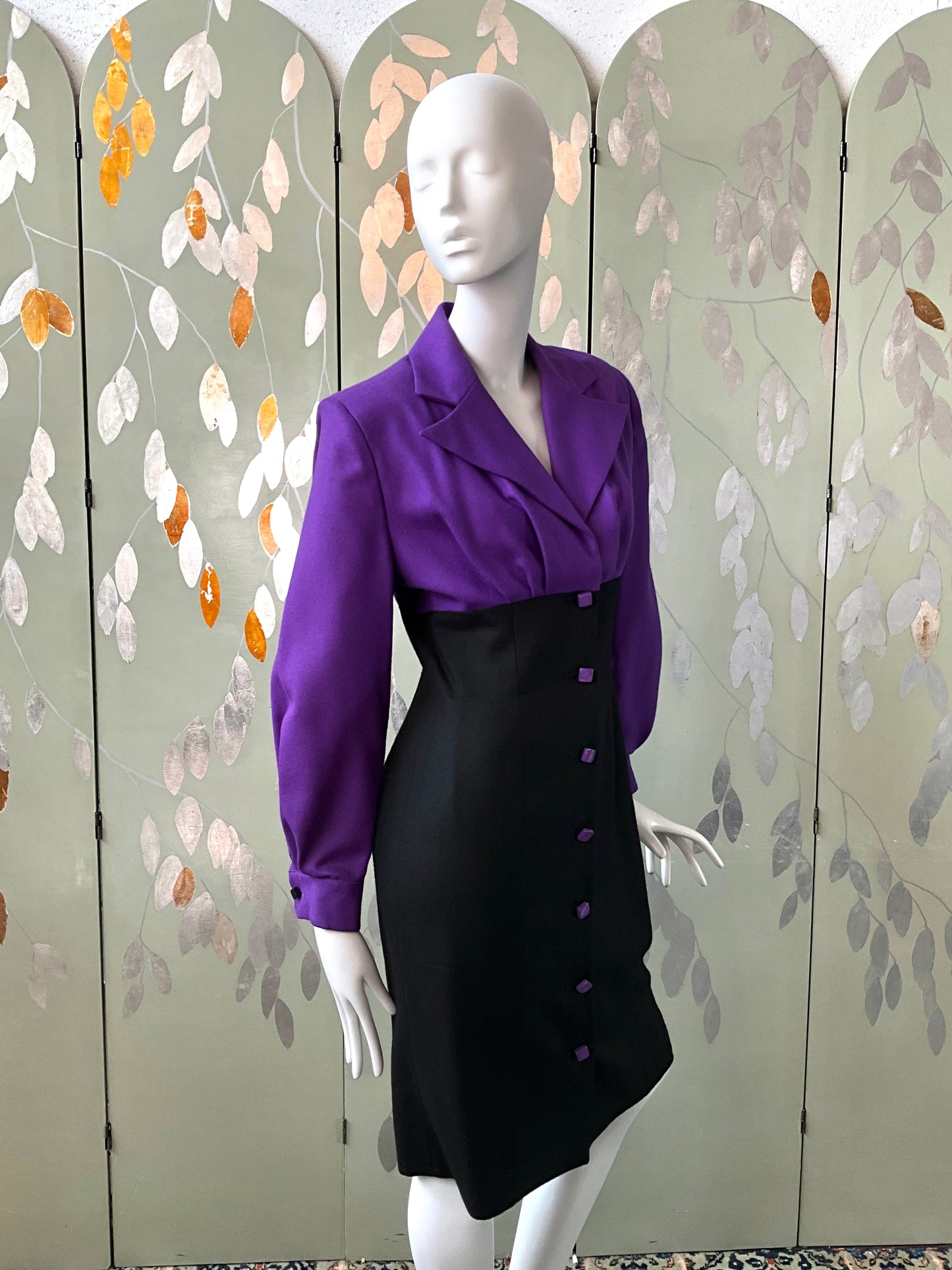 Vintage 1980s Patrick Kelly Purple Black Wool Dress, Medium 