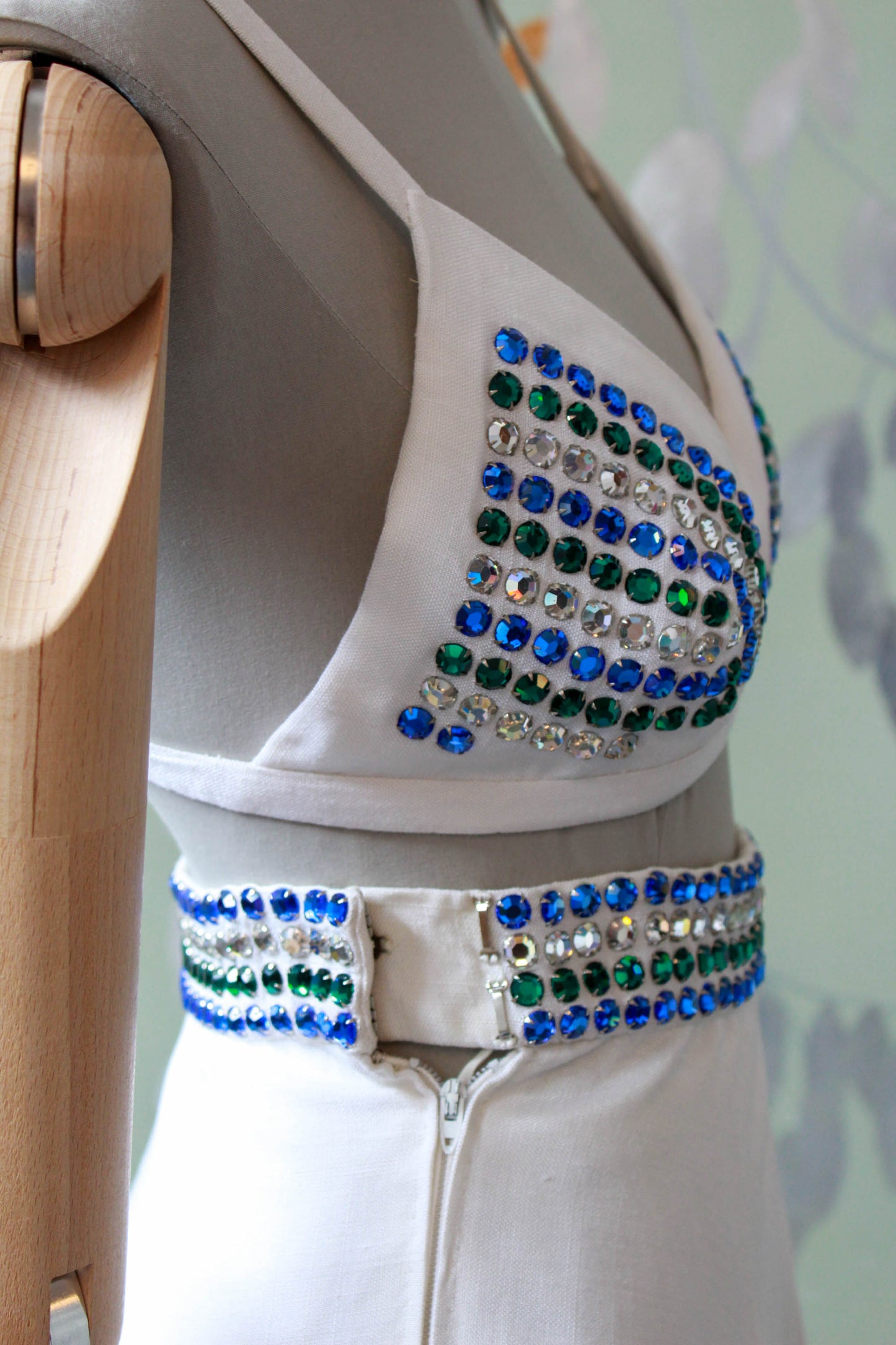 1980s pauline trigere three piece blue and green rhinestone studded vest bra and skirt, performance costume