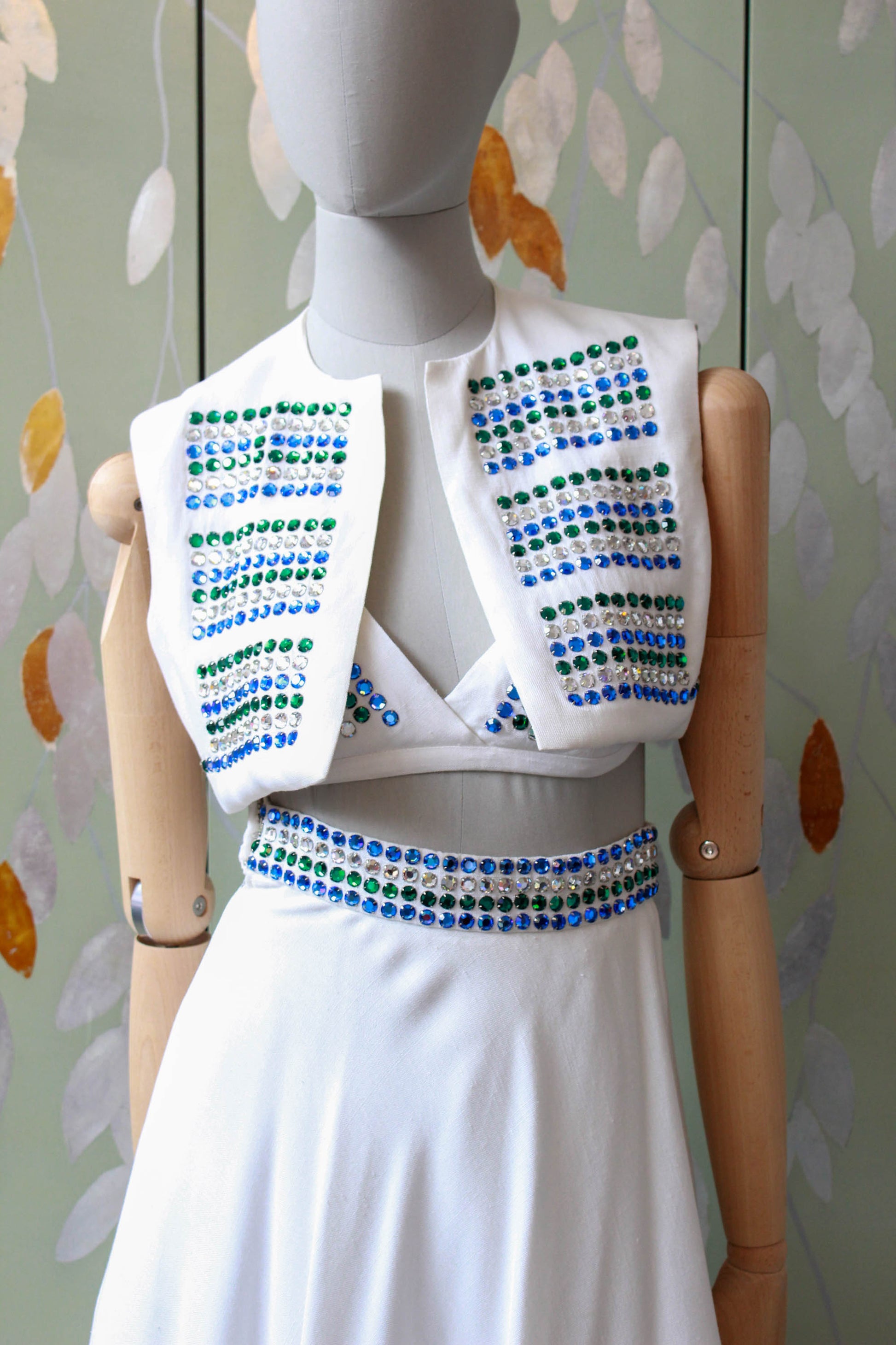 1980s pauline trigere three piece blue and green rhinestone studded vest bra and skirt, performance costume