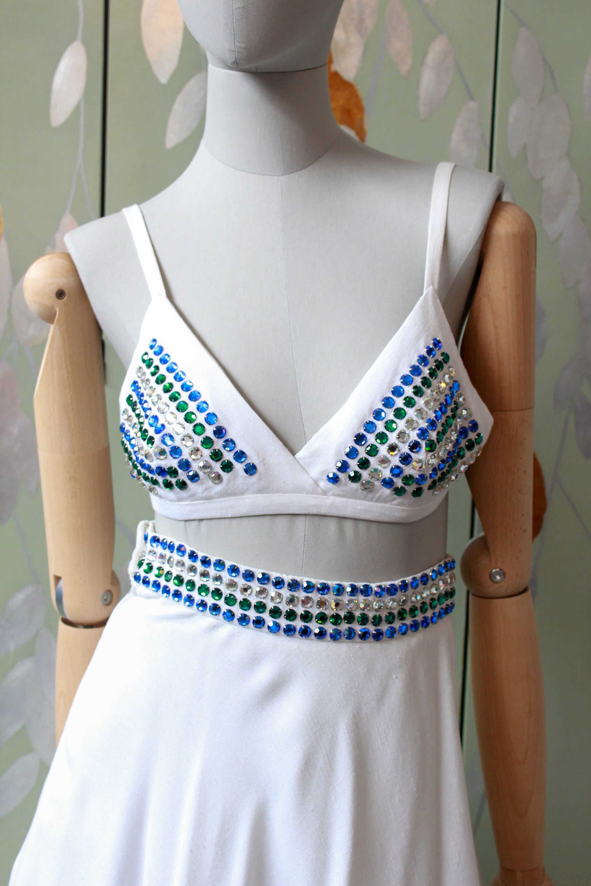 1980s pauline trigere three piece blue and green rhinestone studded vest bra and skirt, performance costume