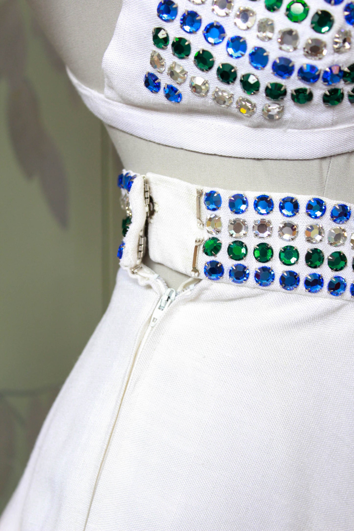 1980s pauline trigere three piece blue and green rhinestone studded vest bra and skirt, performance costume