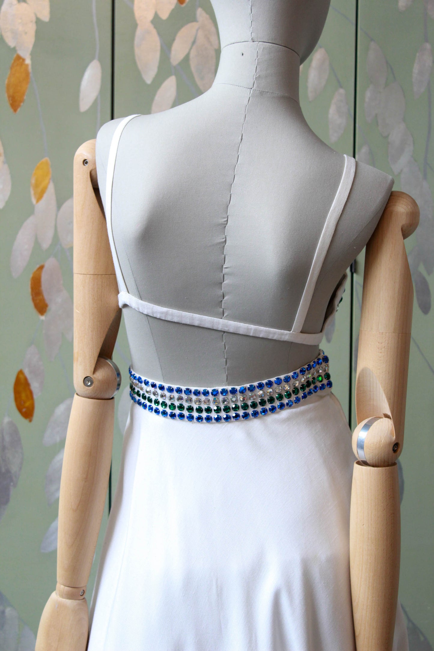 1980s pauline trigere three piece blue and green rhinestone studded vest bra and skirt, performance costume