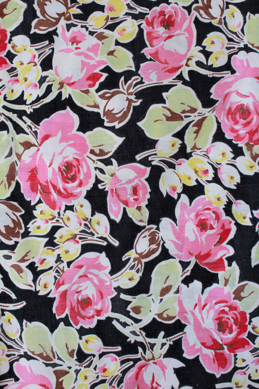 Vintage 1950s Pink And Black Flower Fabric, Cotton Summer Floral Fabric, 1.8 Yards